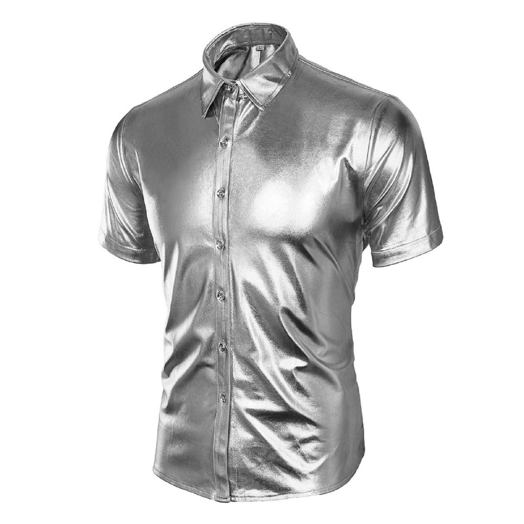Men's Nightclub Metallic Silver Button Down Short Sleeves Shirts Fashion Shinny Slim Disco Dance Tops Costume Party Clubwear (X-Large, Silver)