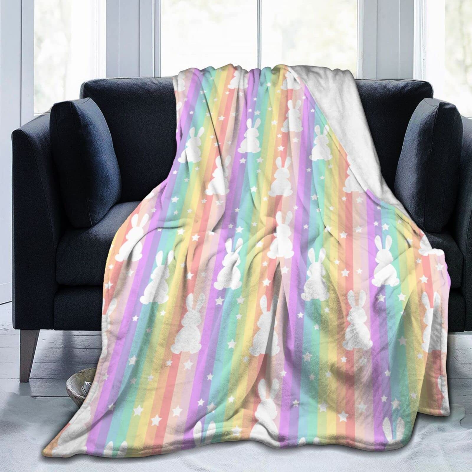 Lsjuee Rainbow Rabbit and Stars Throw Blanket Warm Cozy Lightweight Blankets Soft Easter Bunny Flannel Blanket for Sofa Couch Bed Office Holiday Decorative 80"X60"