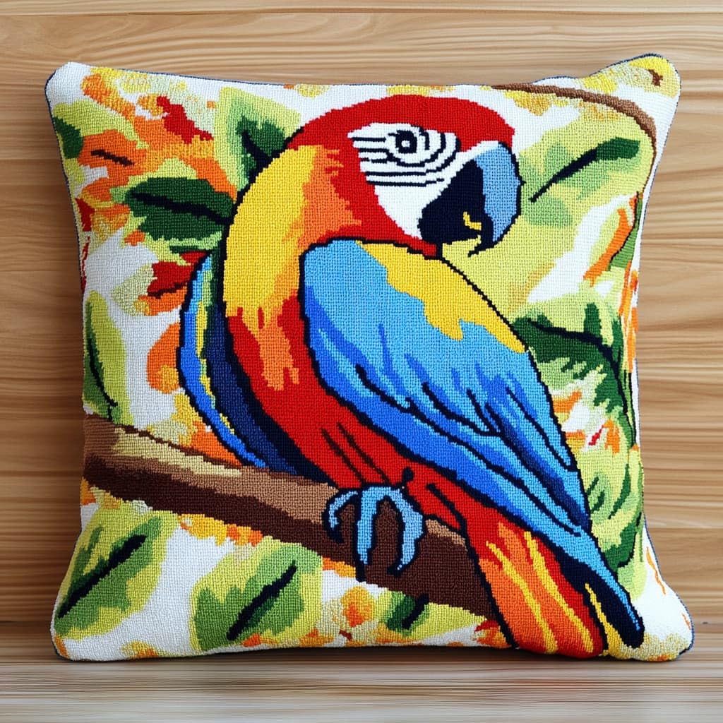 Taxpy Latch Hook Pillow Case Embroidery Kits, Parrot on a Branch DIY Needlework Latch Hook Cushion Cover Kits,Sofa Cushion Cover,17x17inch