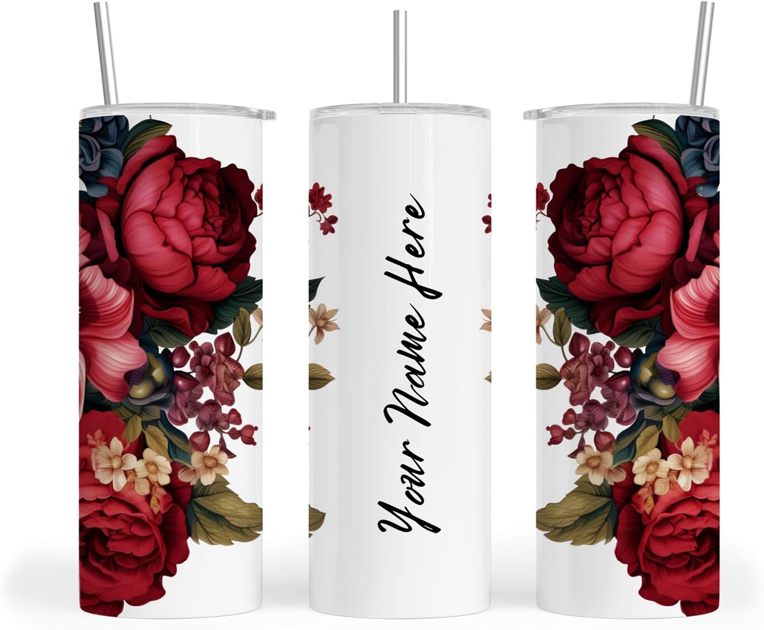 Personalized Flowered Skinny Tumbler 20Oz, Stainless Steel with lid, Straw, Brush and Non-Slip Base. Keep Drinks Hot or Cold. Use like Water Bottle, Coffee Mug, Travel Mug, Wine Cup. (Navy Blue)