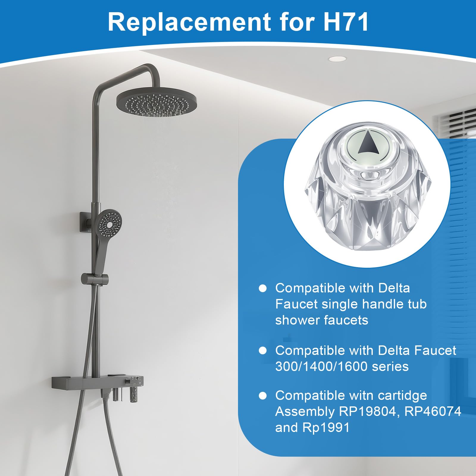 Single Clear Acrylic Shower Faucet Handle Replacement – For H71 Bathtub Faucets, Includes Knob, Button & Screw (4.7" Tall)