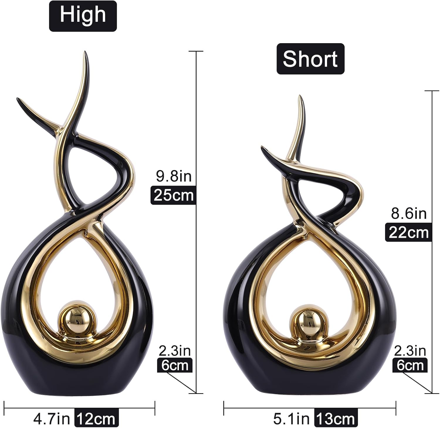 Gold Black Abstract Ceramic Modern Sculpture, Knick Knacks Statues for Living Room, Shelf, TV Stand, Coffee Table, Dining Room, Office, Bedroom, Home Decor, Centerpiece, Great Gift Idea