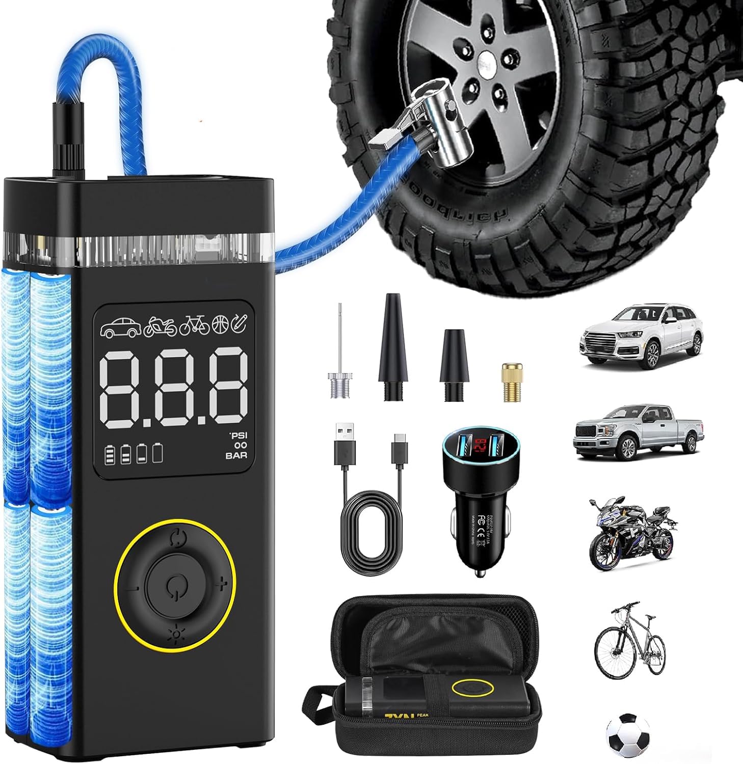 200PSI 5X Fast Inflation Tire Inflator Portable Air Compressor Smart Auto Cordless air Pump for Car tires with Digital Pressure Gauge Dual Lights for Cars Bicycles Motorcycles Balls