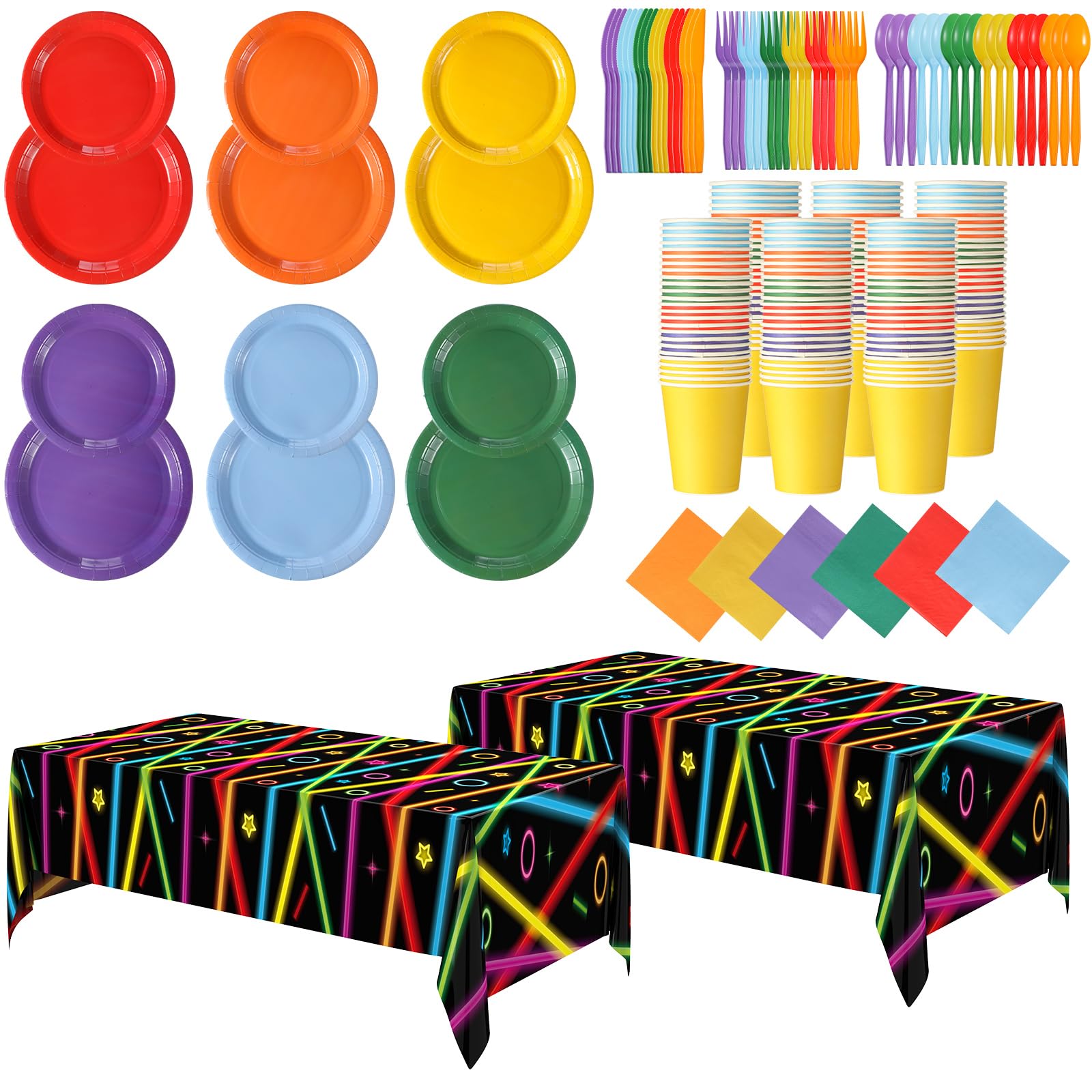 Oudain 206 Pcs Neon Glow Birthday Party Decorations Serve 24, Glow in The Dark Party Supplies 2 Tablecloths 7'' 9'' Plates Rainbow Dinnerware Set for