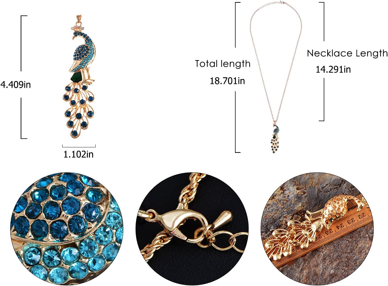 Alilang Golden Tone Blue Green Colored Rhinestone Peacock Bird Pendant Chain Necklace - Image 6