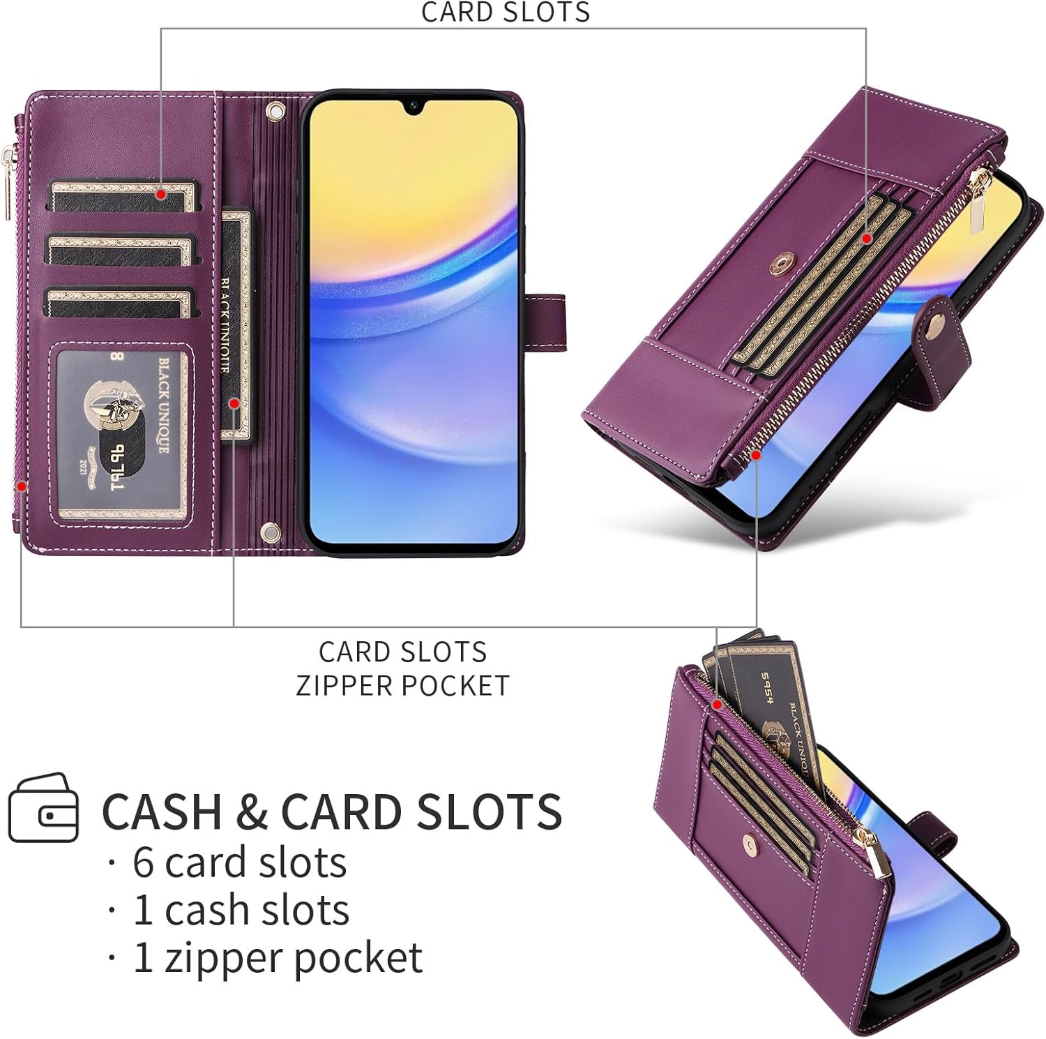 Asuwish Phone Case for Samsung Galaxy A16/A26 5G Wallet Cell Cover with Tempered Glass Screen Protector RFID Blocking Crossbody Strap Flip Card Holder Slot A 16 26 16A 26A 4G SM-A166U Women Men Purple
