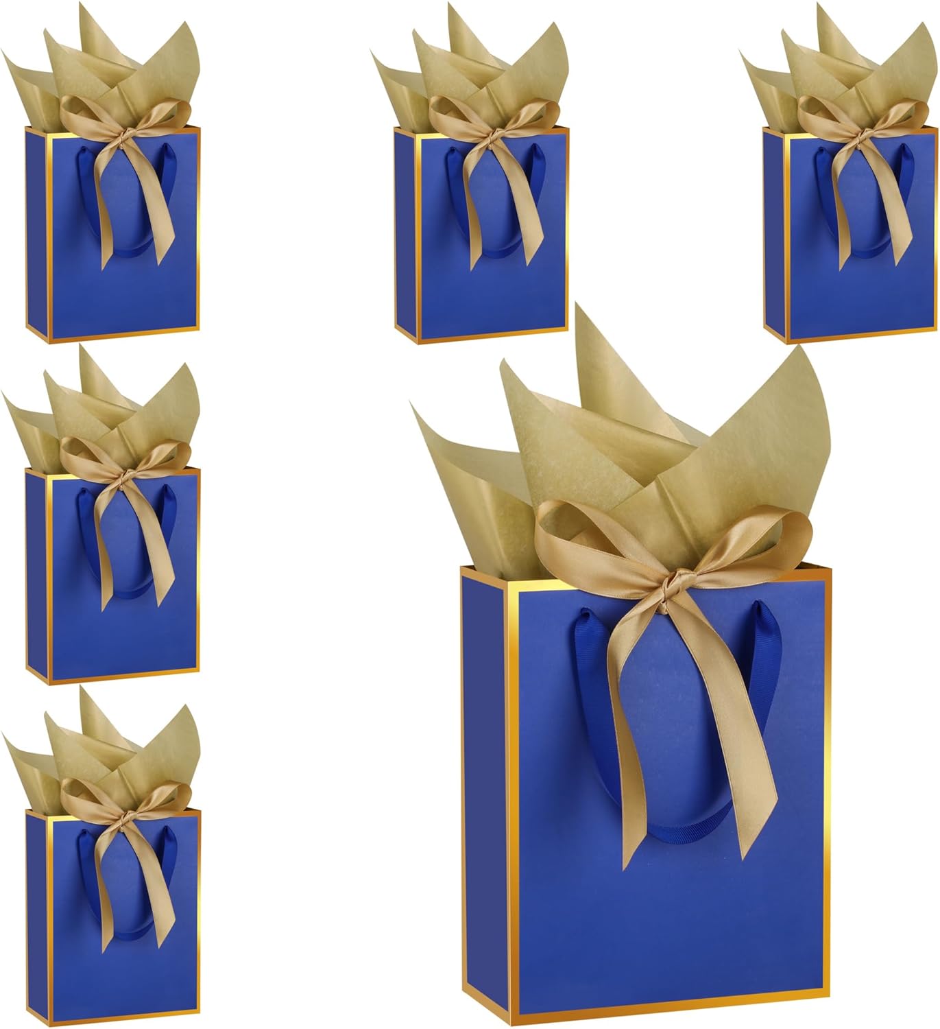STOBOCTER 6 Pcs Thank You Gift Bags with Handles and Tissue Paper 9 x 7 x 3. 15'' Metallic Welcome Gift Bags with Bow Ribbon for Wedding Bridal Baby Shower Groomsmen Birthday Party(Navy Blue, Gold)