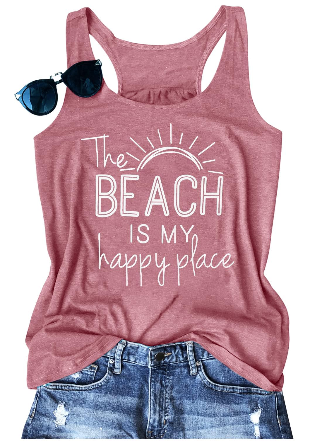 Women's 'The Beach Is My Happy Place' Graphic Tank Top - Sleeveless Summer Vacation Tee