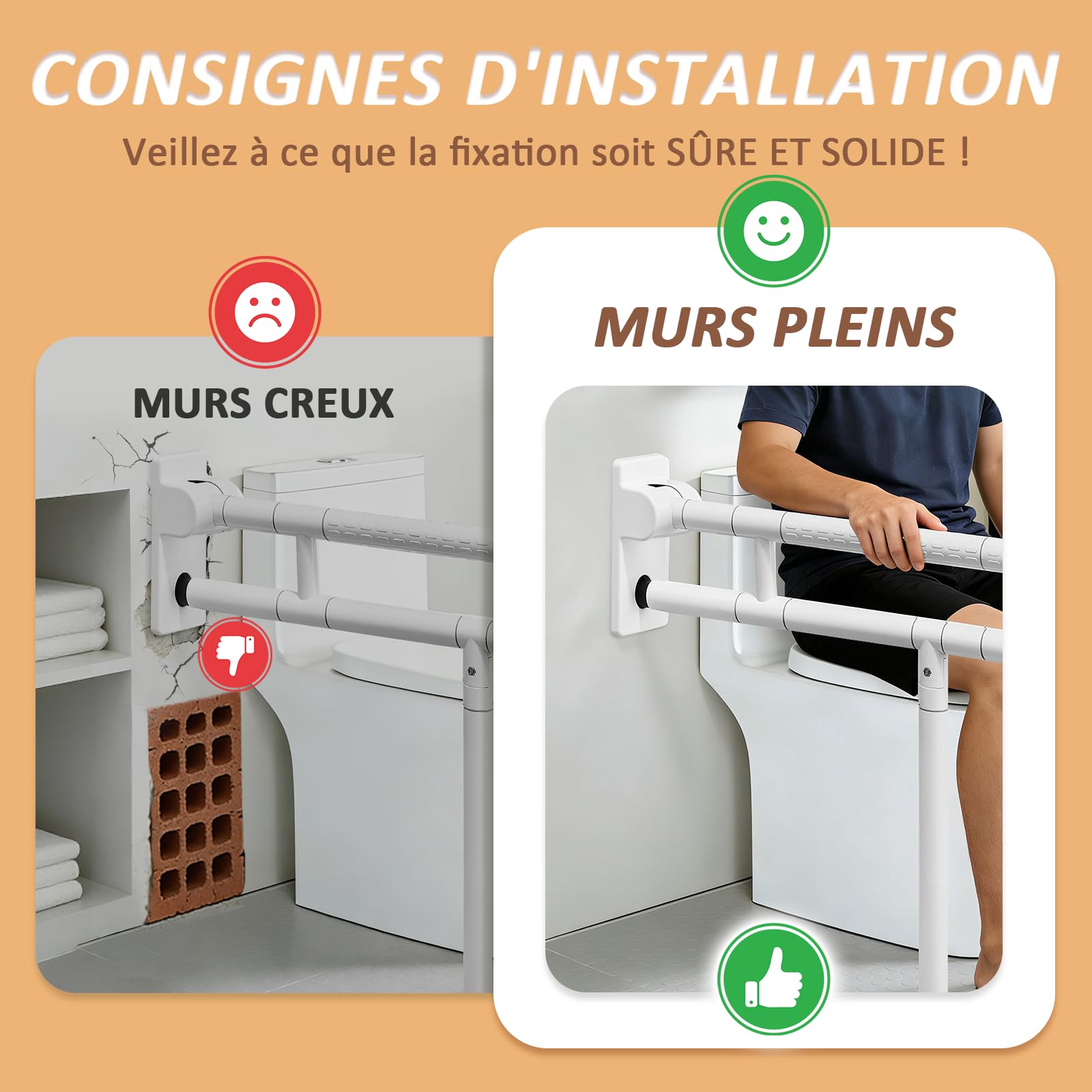 YUCHENGTECH Barre D'appui WC Rabattable Blanc 70cm Supporte 150kg | Barre de WC Pour Handicapés Barre de Maintien Toilette Inox pour Handicapées, Personnes âgées et Enceintes