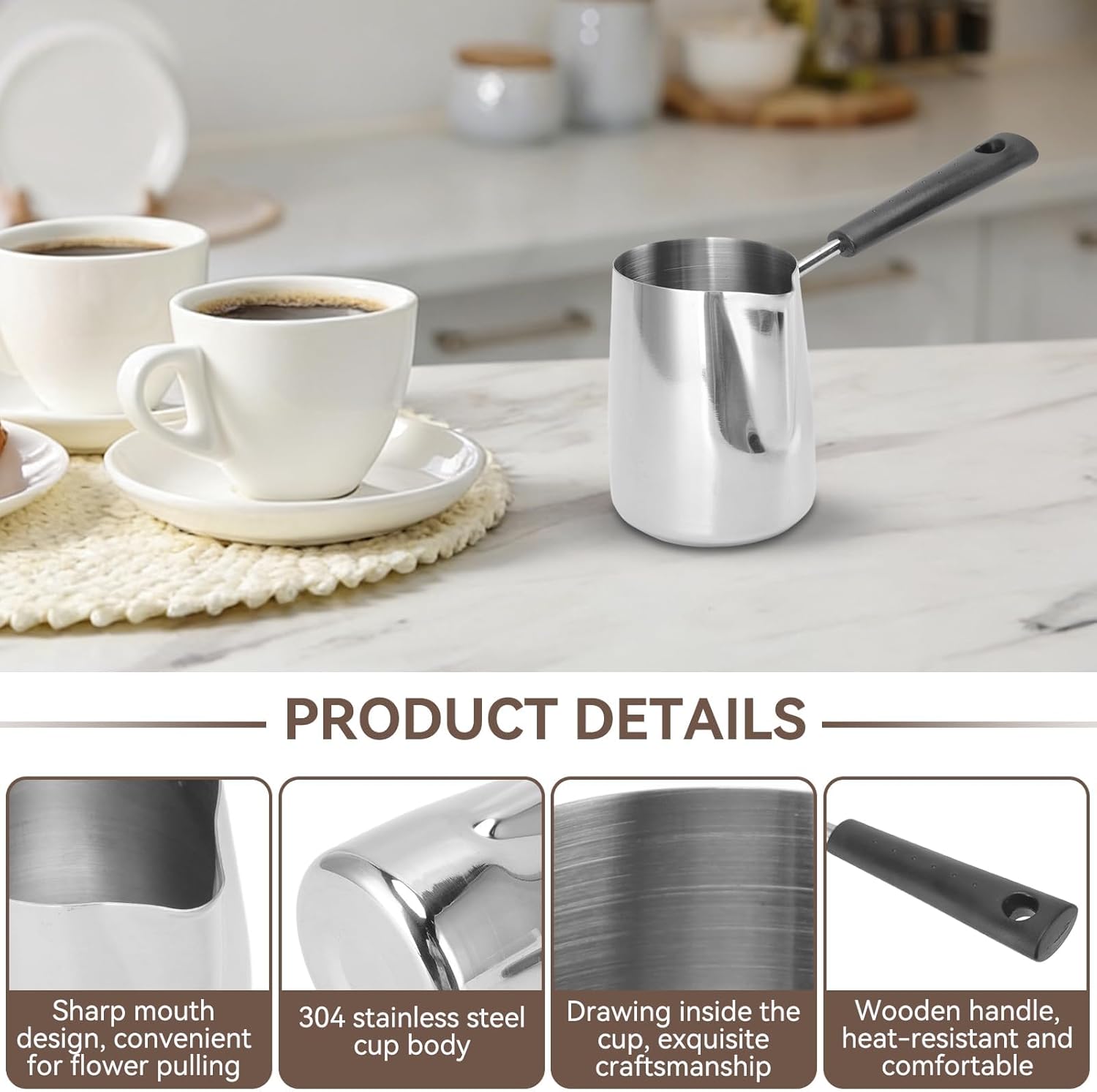 Cyrank Turkish Coffee Pot, 350ML, Stainless Steel, Silver, Modern, Minimalist, Easy to Use, Long Handle, Multi-Purpose, Durable, Easy to Clean - Image 3