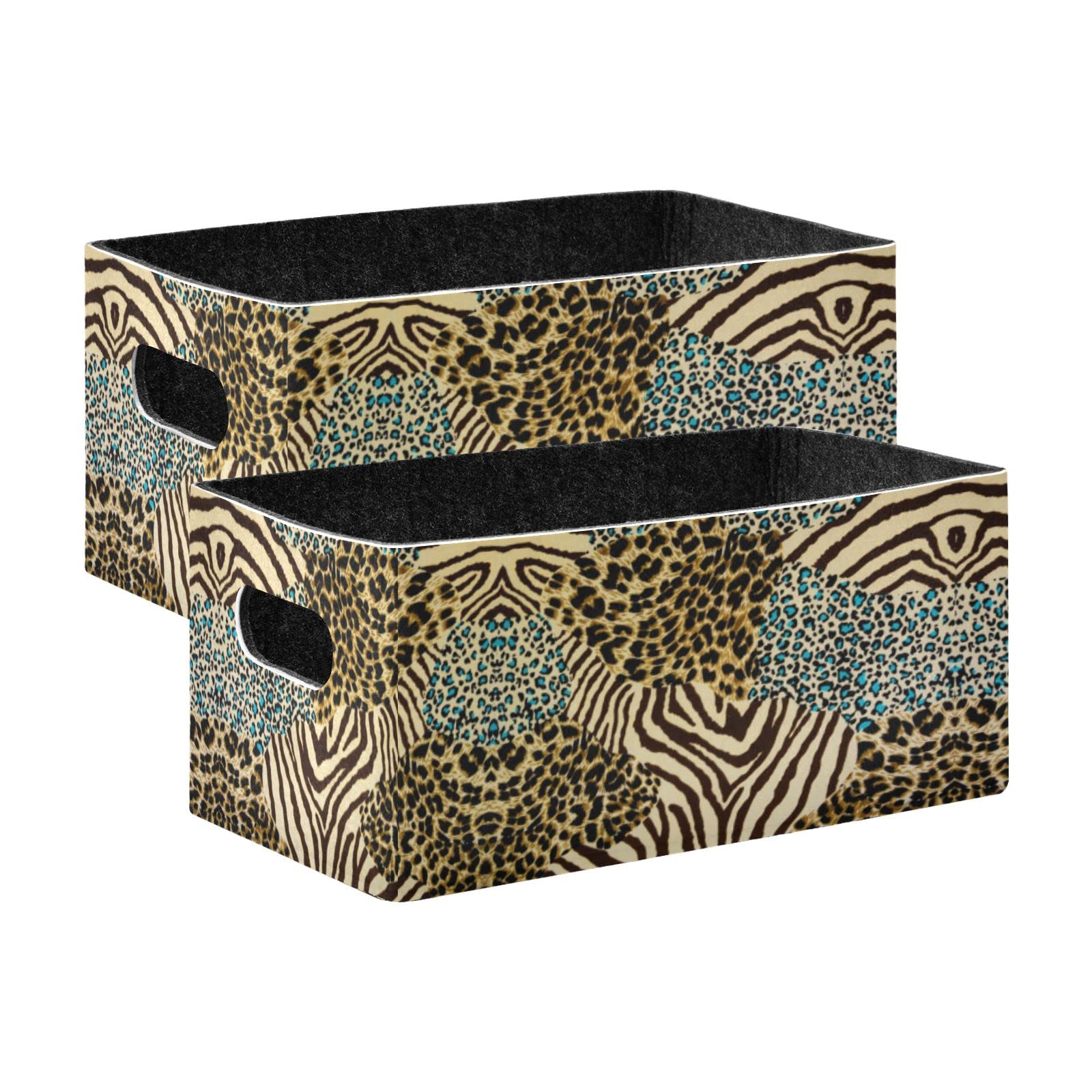 Poeticcity Tiger Print Zebra Skin Leopard Texture Animal Skin Background 2 PCs Collapsible Felt Cloth Storage Box, Rectangular Desk Organizer Basket Bin, Detachable Laundry Hamper Counter Holder Box