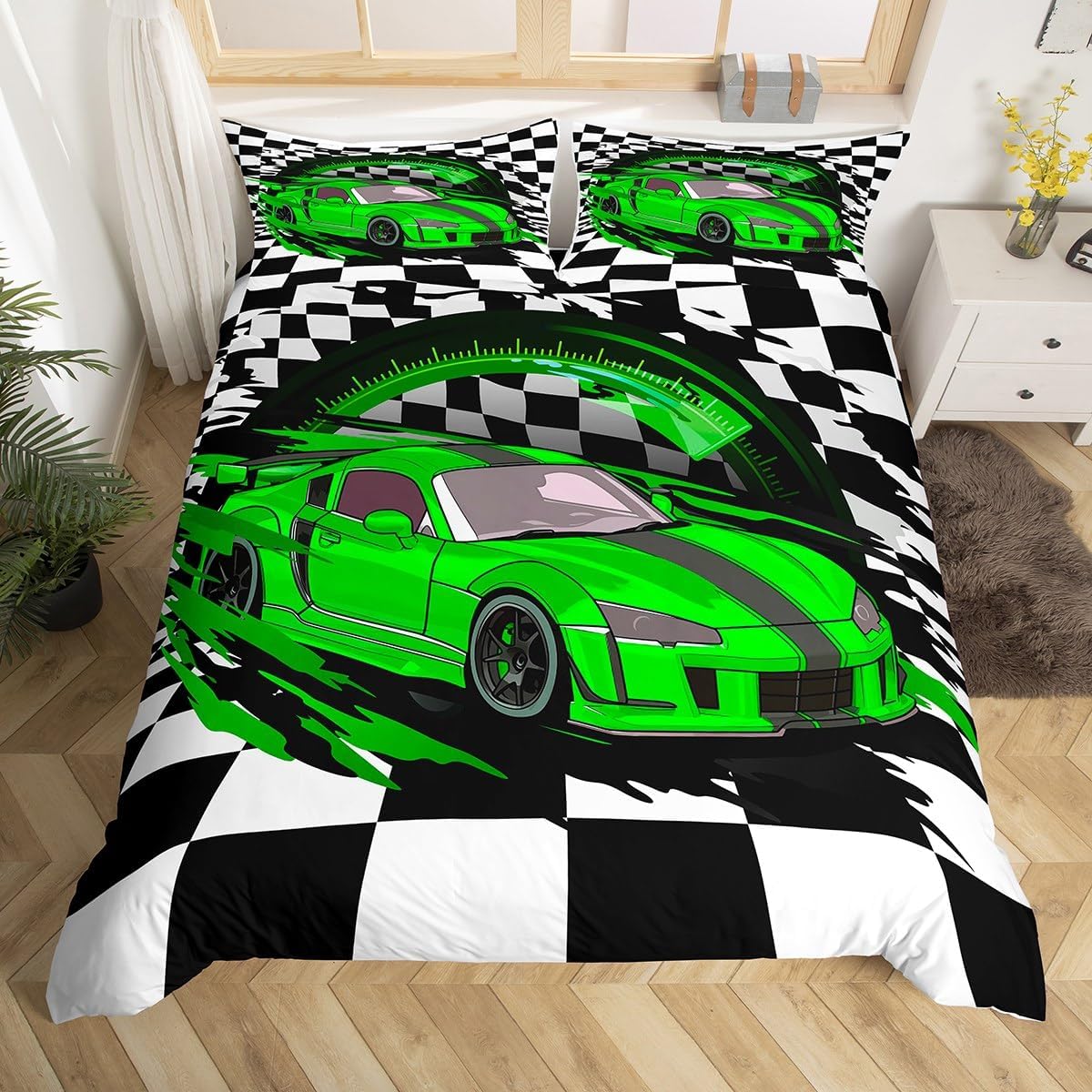 Erosebridal Orange Racing Car Bedding Set for Boys, Girls Adult Sports Car Duvet Cover Black and White Grids Print Comforter Cover Extreme Sports Car Theme Bedroom Decor with 2 Pillowcases Full