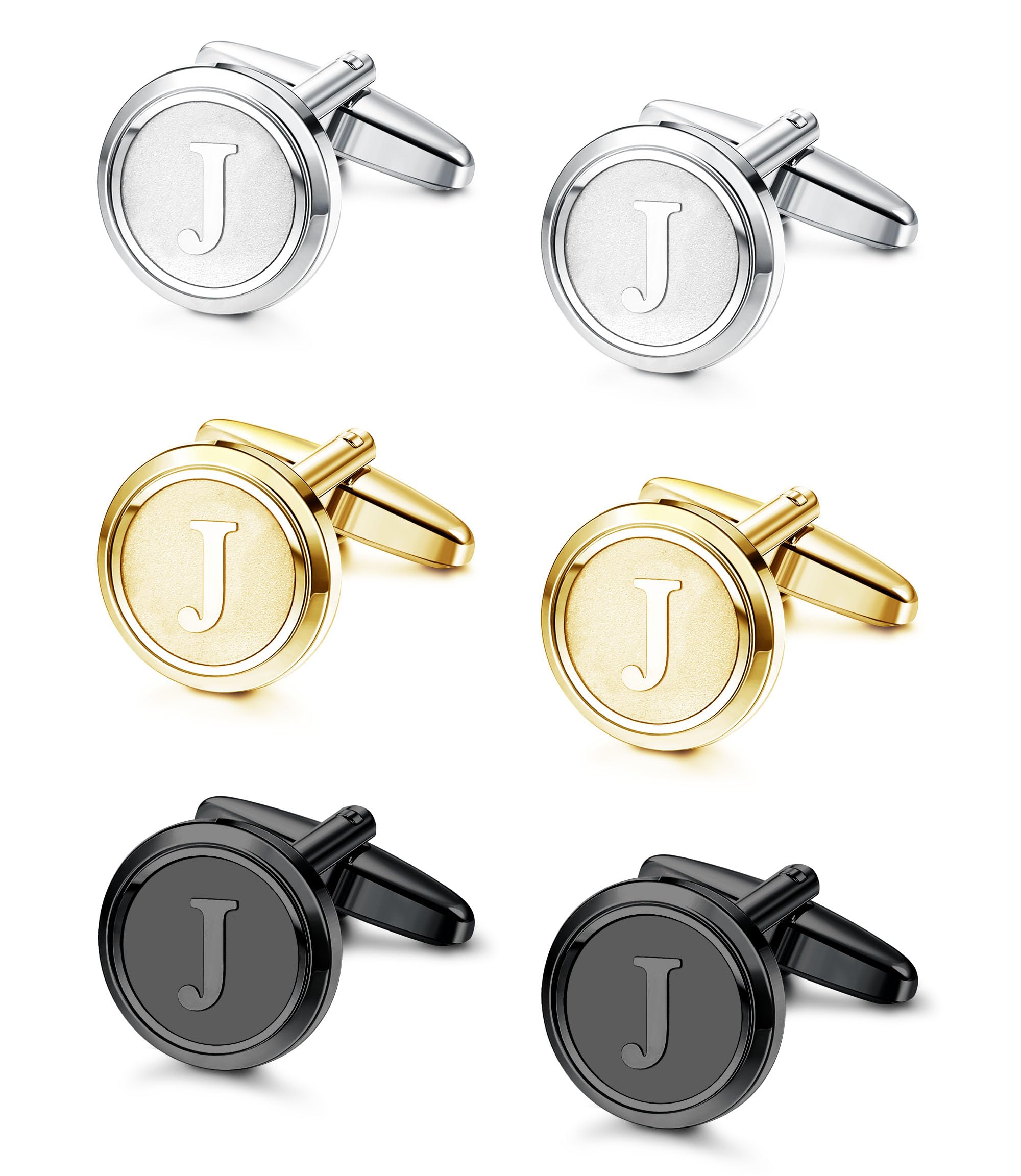3 Pairs Initial Cufflinks For Men Classic Mens CuffLinks Set Letter Cuff Links for Casual to Formal with Gift Box Silver Black 14K gold plated Cufflinks for Father Husband
