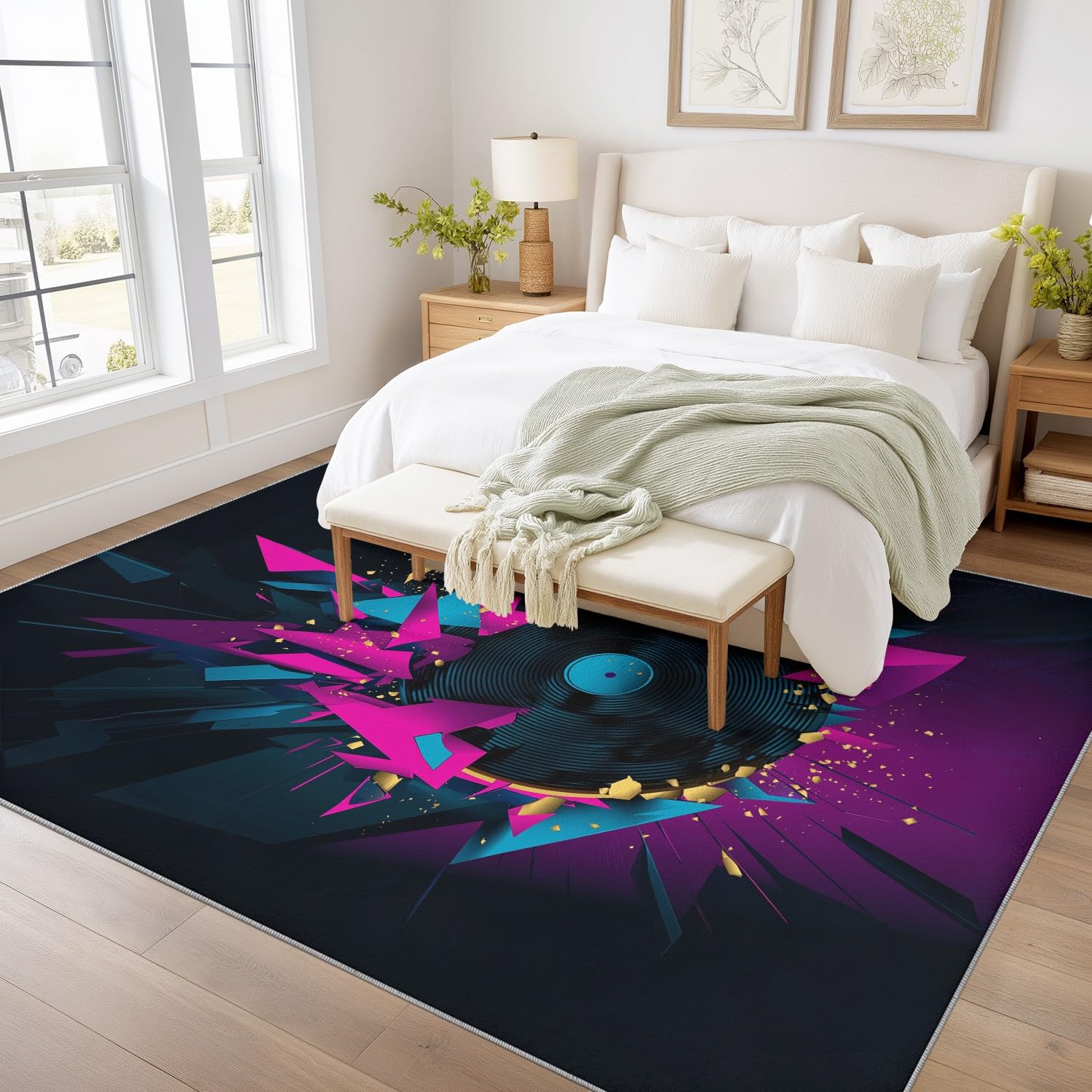 Tappeto lavabile per soggiorno, musica futuristica, antiscivolo, tecnologia con frammenti di dischi in vinile, a pelo corto, per camera da letto, sala da pranzo e cucina, in morbida microfibra, 120 x