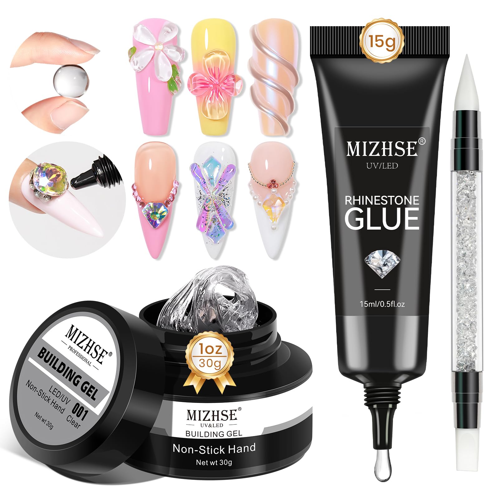 30g Solid Builder Gel For Nails and 15g Rhinestone Glue for Nails, Clear Nail Builder Gel Hard Gel for Nails 3D Nail Sculpting Gel Non-Sticky U V LED Nail Charm Glue Nail Art Salon Home DIY
