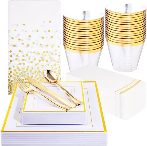 176 platos dorados desechables Juego de platos cuadrados de fiesta, tazas y servilletas platos de cena, platos de postre, tazas, cubiertos de