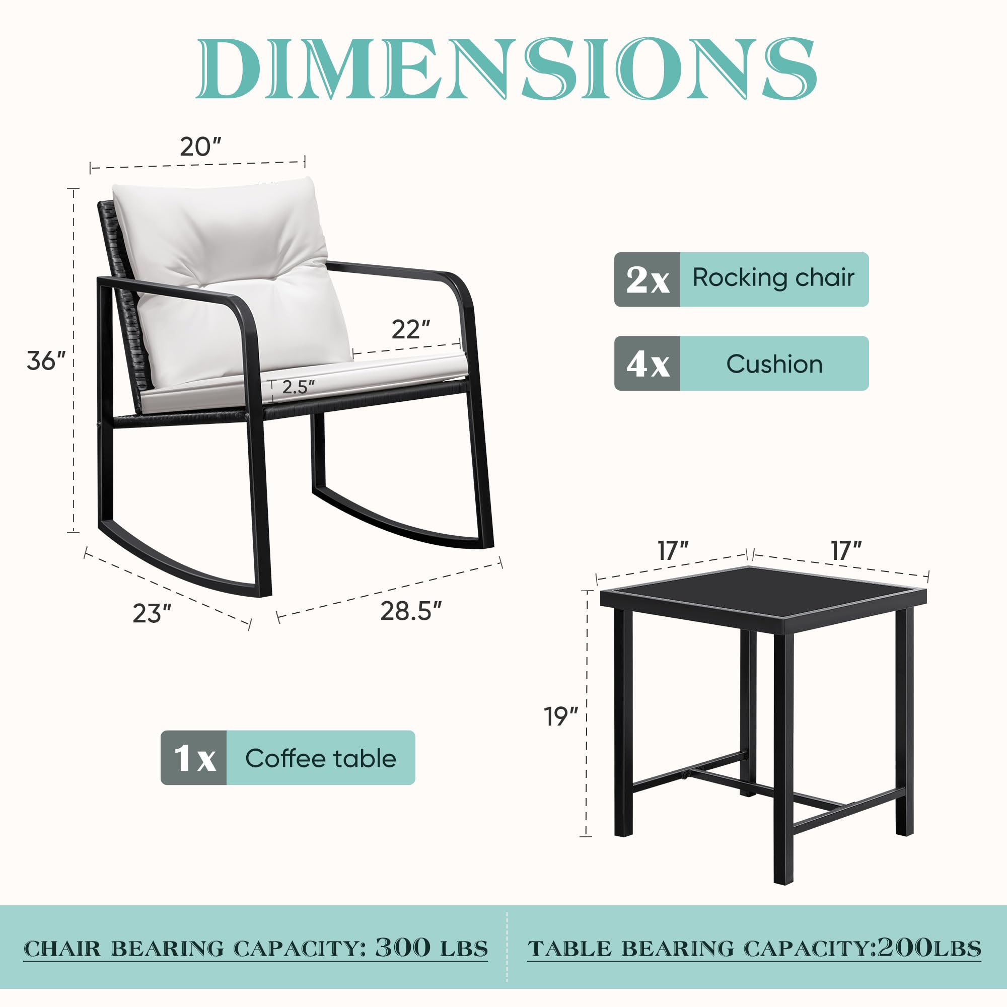 Juego de 3 piezas de mimbre mecedor, juego de muebles de patio para exteriores con sillas de porche y mesa de café de cristal, color beige 4
