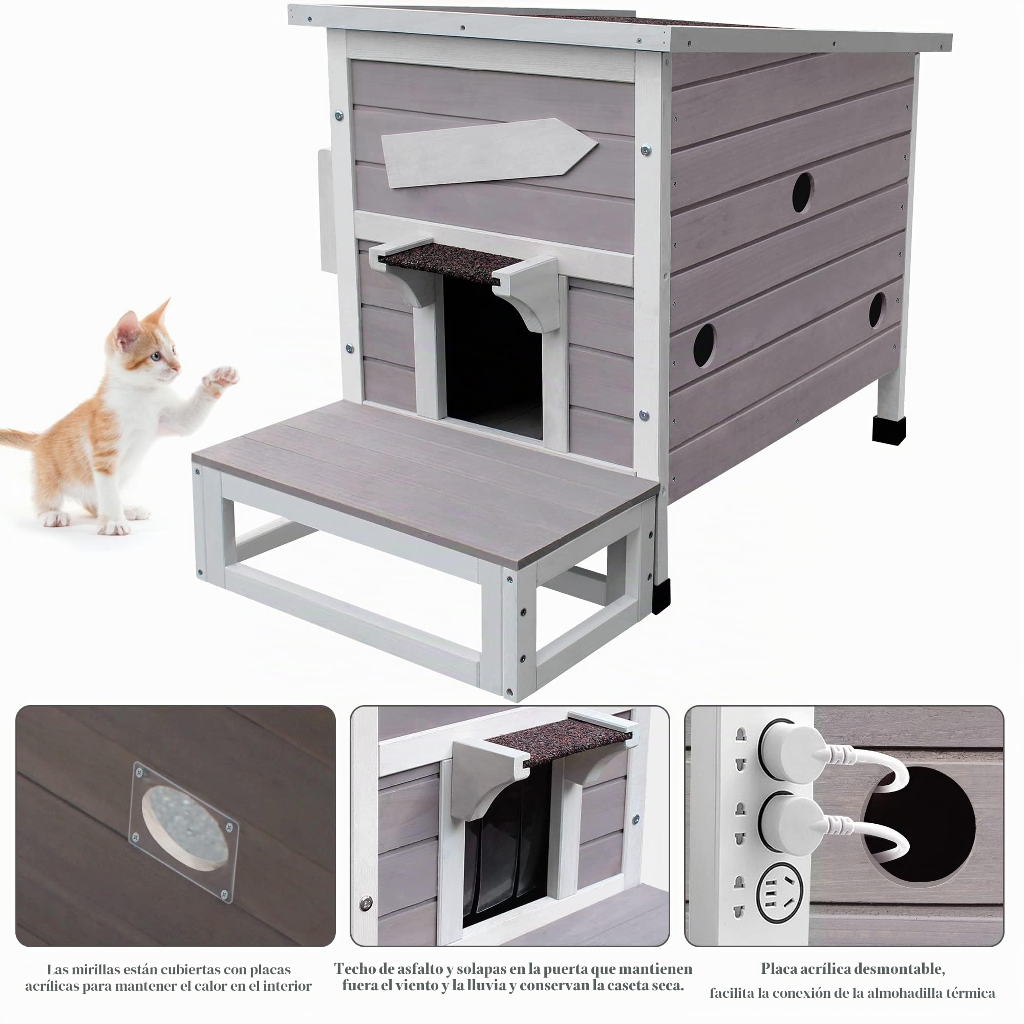 Casa para Gatos Exterior Madera con Puerta de Escape, Casa de Gatito Resistente a La Intemperie, Cabaña Mascotas Caseta Pequeña de Gatos con Ventana y Puerta