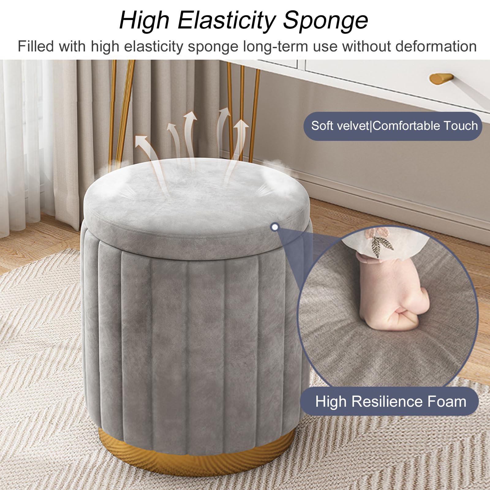 Pouf rotondo con contenitore, set di 2 sgabelli imbottiti in velluto con base in metallo, sgabelli moderni per camera da letto, soggiorno, mobili per la casa (set da 2, caffè)