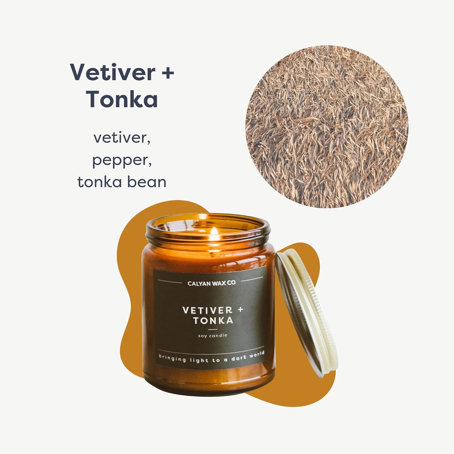 Calyan Wax Co. Vetiver & Tonka Scented Candle - 57 Hour Burn - Luxury Non Toxic Soy Wax Candles - Long Lasting Amber Glass Jar Candle for Home - 7.2oz - Image 2
