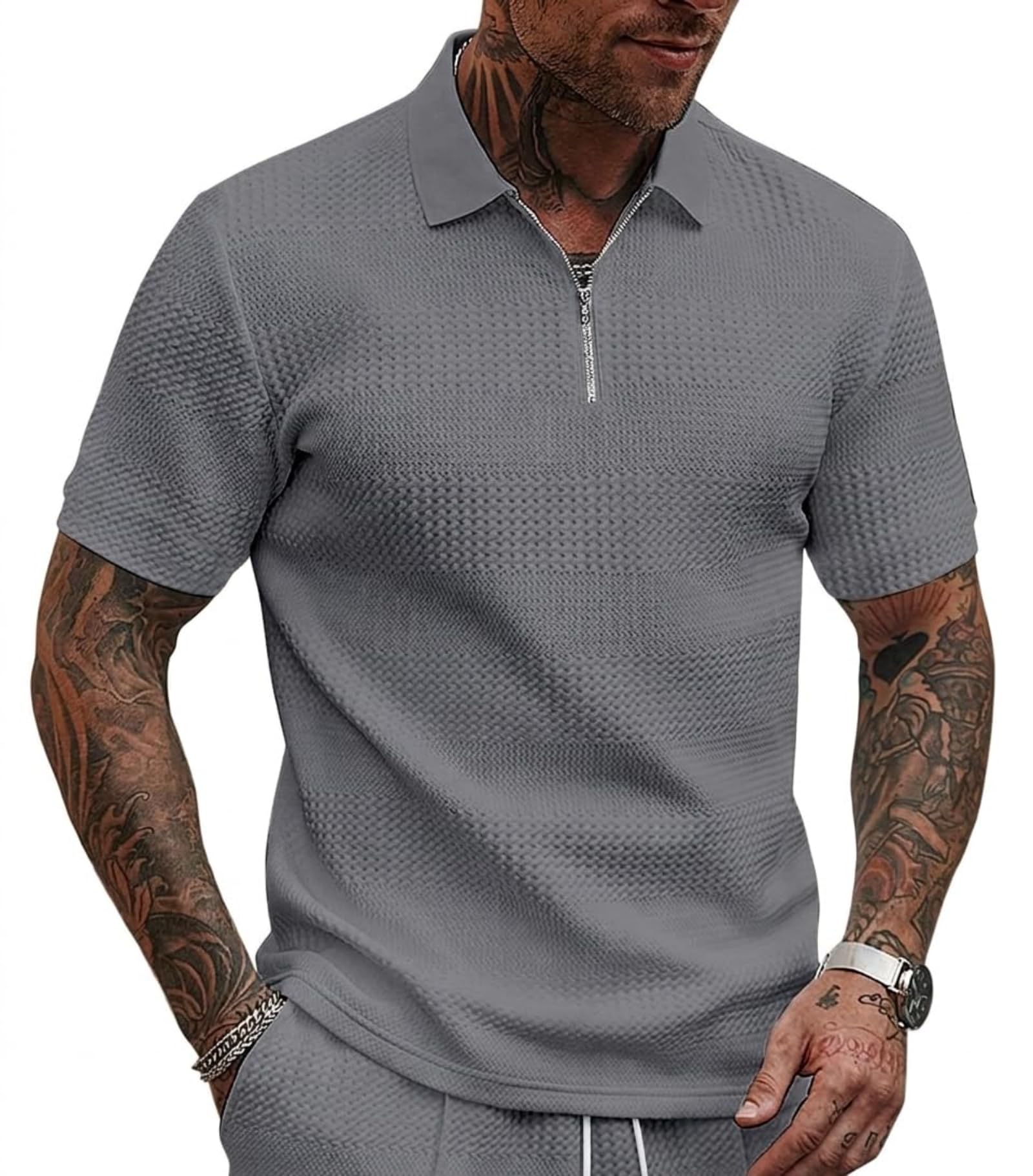 avix Men's Textured Knit Zip Polo Shirt and Shorts Set, Black, Short Sleeve, Casual Summer 2-Piece Outfit (IN, Alpha, XL, GREY)-picture-25