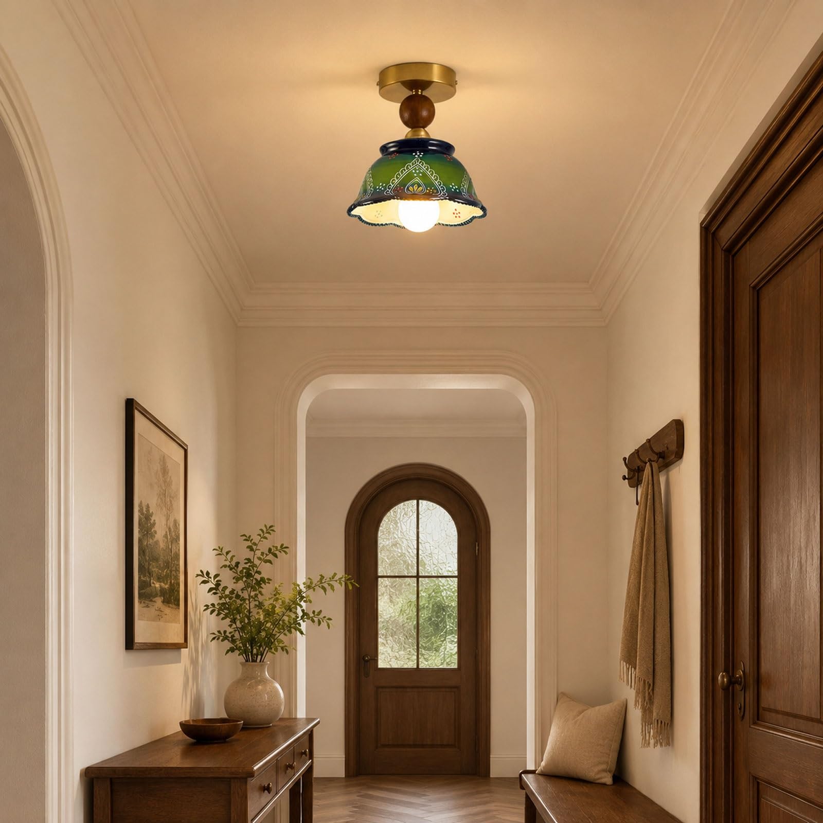 Zielona ceramiczna lampa sufitowa, zabytkowa oprawa sufitowa do montażu podtynkowego