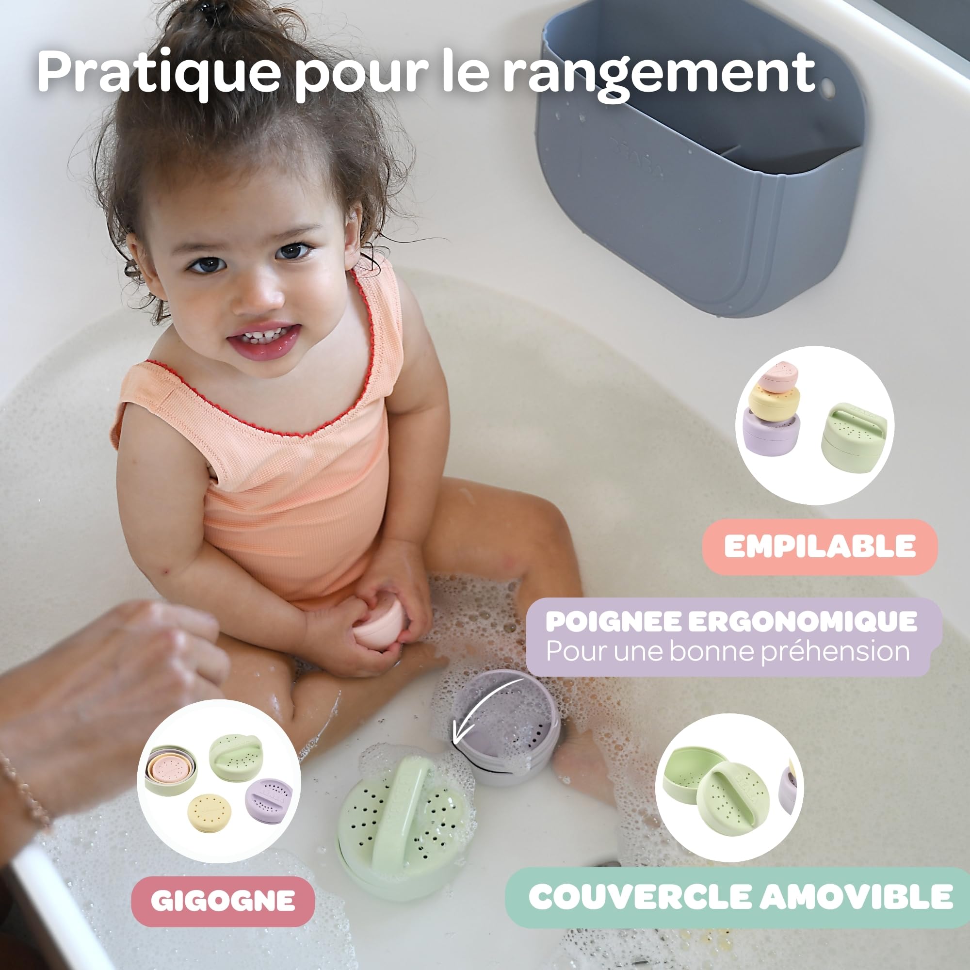 BÉABA, Set di 4 giocattoli da bagno in silicone, Impilabili, Giganteschi, Ergonomici, Forme e dimensioni diverse, Sviluppano le capacità motorie, Morbido silicone, Facili da riporre, Multicolore