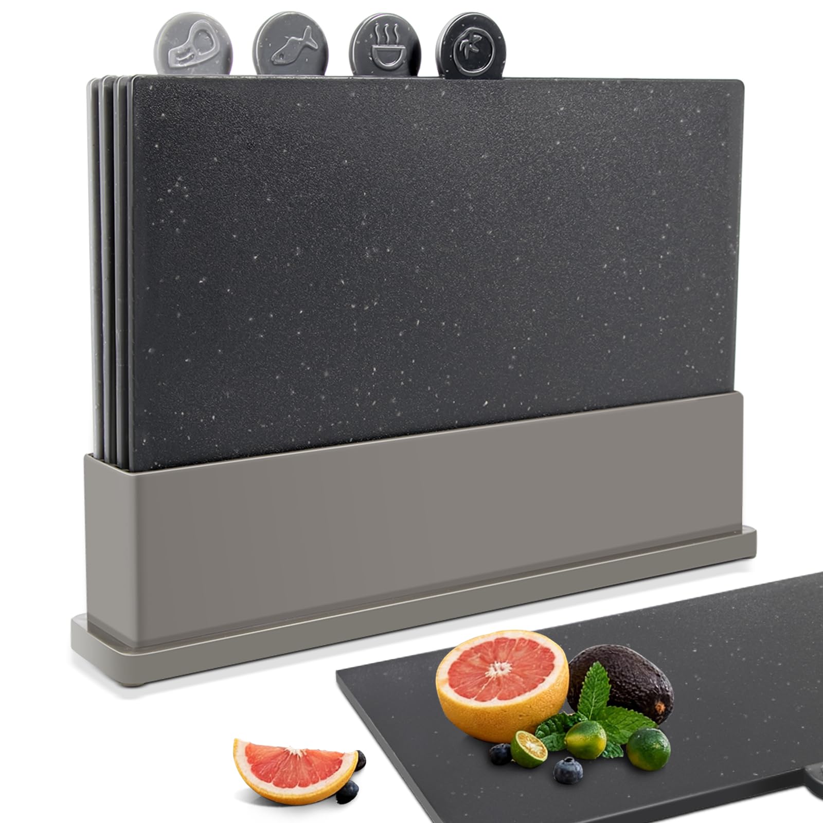 Masthome Chopping Board Set, Dishwasher Safe Plastic Cutting Board with Stand & Food Icons, 4pcs Non Slip Index Chopping Board for Kitchens Meat Vegetables and Bread, BPA-Free, 31.5x21.5 cm, Black