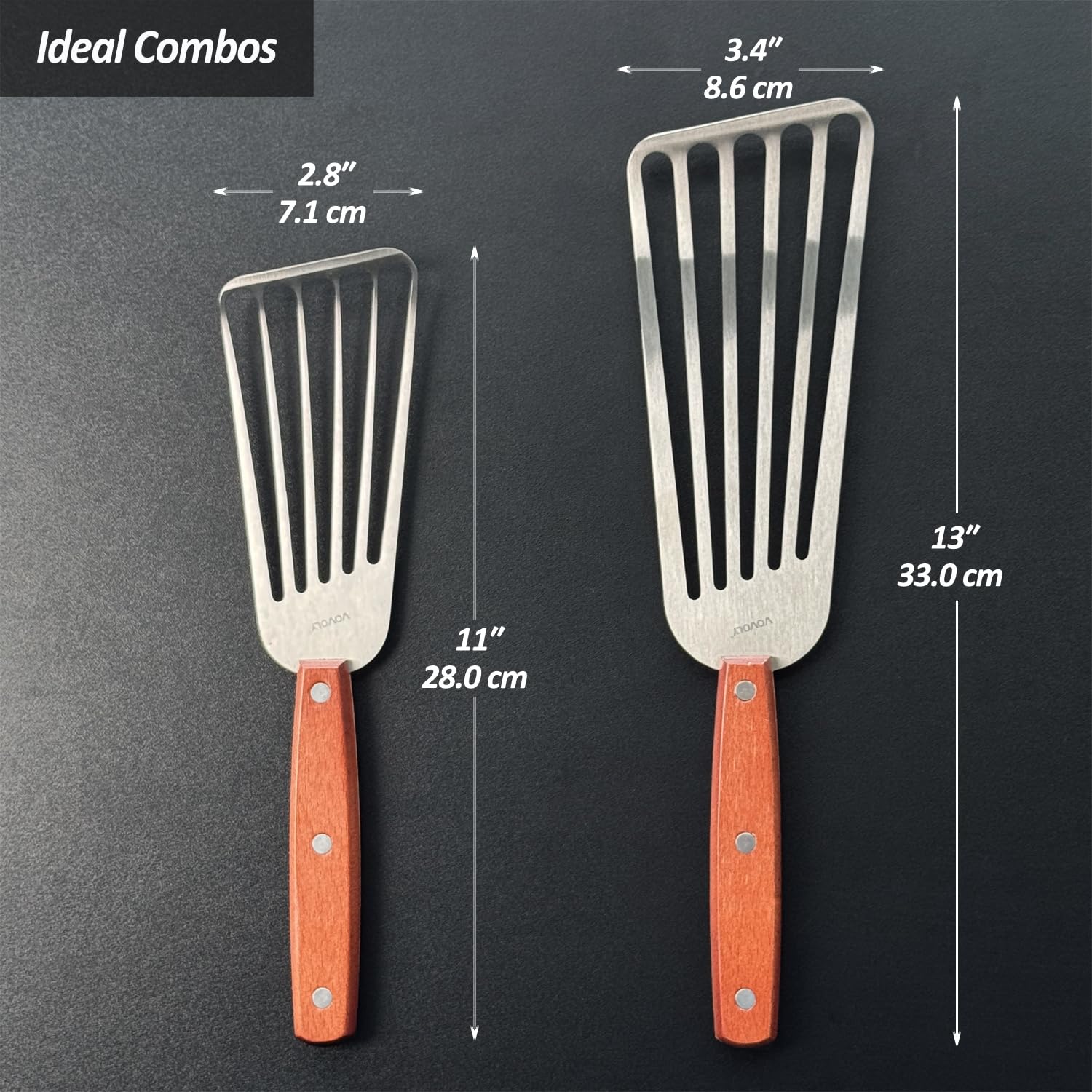 Paquete de 2 espátulas de pescado, espátulas ranuradas de acero inoxidable para voltear, girar, freír y asar, 3 x 6 pulgadas + 4 x 8 pulgadas, espátulas ranuradas de metal, mango de espiga completa de