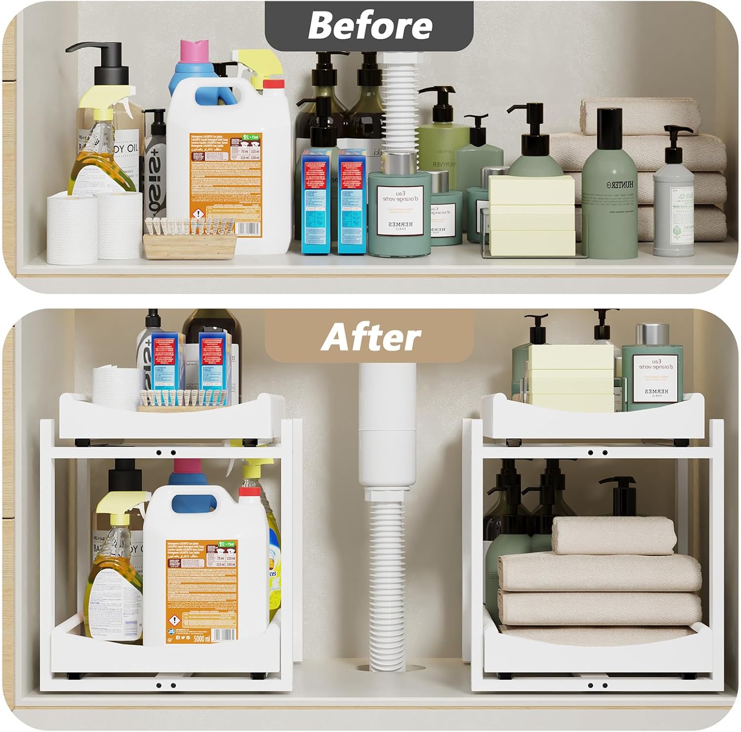 Bamboo Under Sink Organizer Adjustable Height 2 Tier Bathroom Organizer Pull Out Cabinet Storage Kitchen Heave Duty Wood Slide Ou Shelf for Kitchen Bathroom (White, 2 Packs) - Image 4