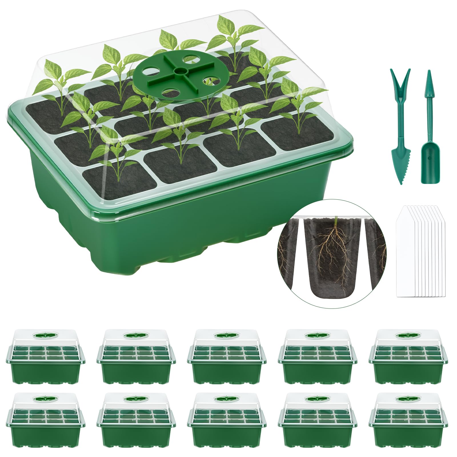 Lychee Seed Trays, 10 Pack 120 Cells Propagator Growing Thicken Seedling Starter Growing Trays with Lidded/Rotatable vent design for Greenhouse & Gardens (Green,10Piece)