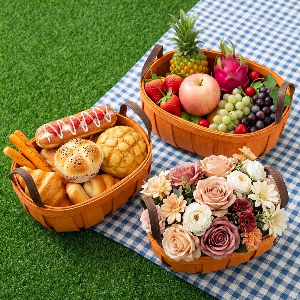 Goaste Paquete de 3 cestas de mimbre para pan, cesta de picnic con asas, cesta de cosecha tejida a mano, cestas de almacenamiento rústicas de frutas y verduras para picnic, boda, regalo (naranja, 3