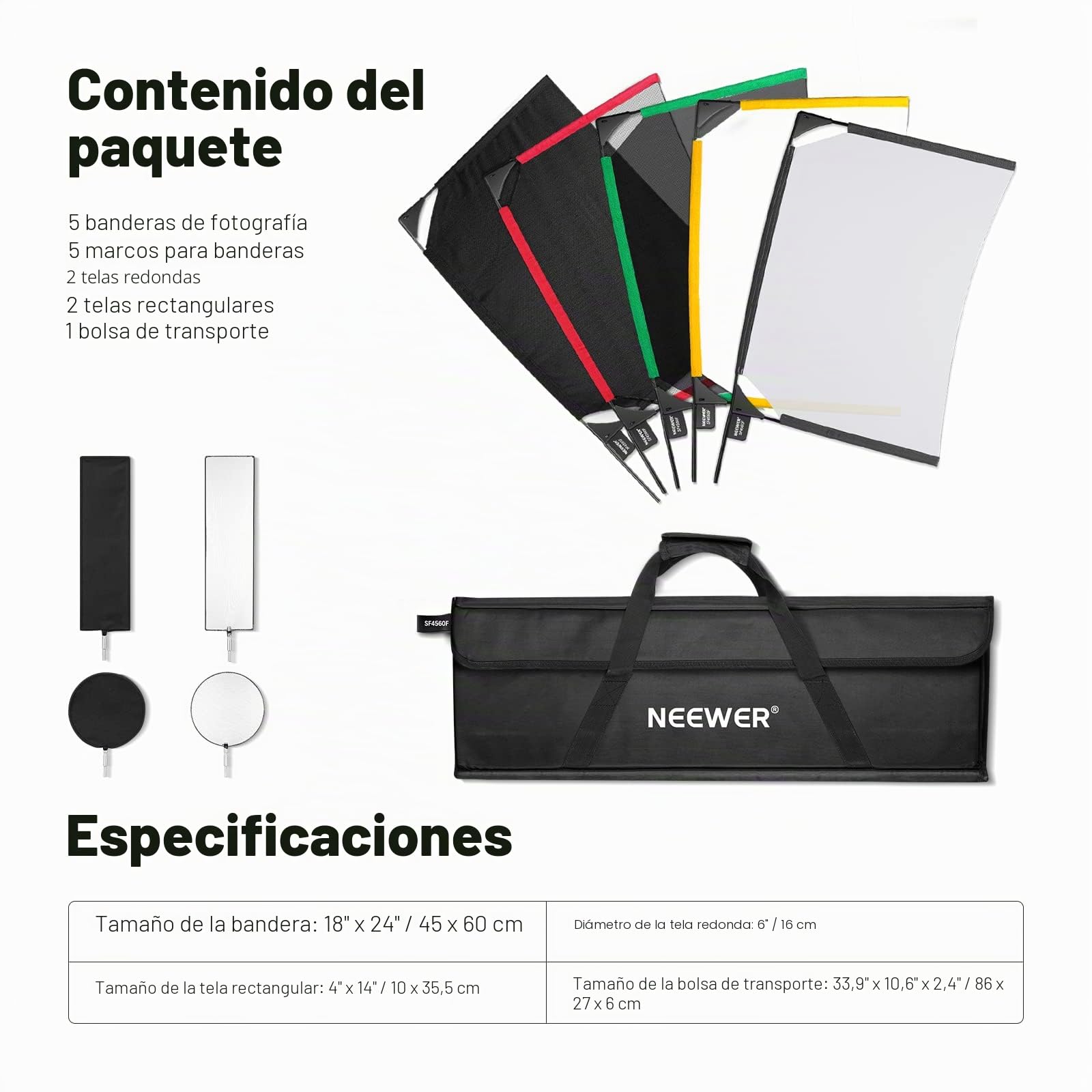 Neewer SF4560F SF4560F - Kit de Bandera Plegable, 45 x 60 cm, 5 en 1, Reflector de iluminación, difusor de luz, modificador de luz, para Efectos Suaves, difusos y de luz, Bolsa de Transporte incluida