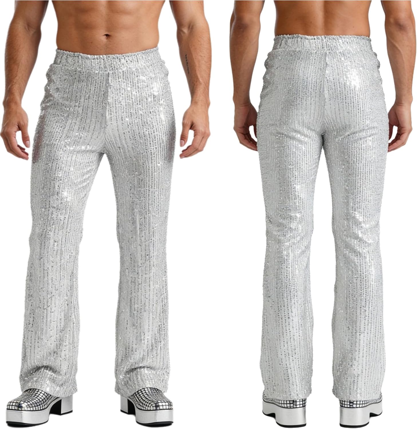 Men's Shiny Sequins Wide Leg Pants Elastic Waistband High Rise Fully Lined Bling Pants