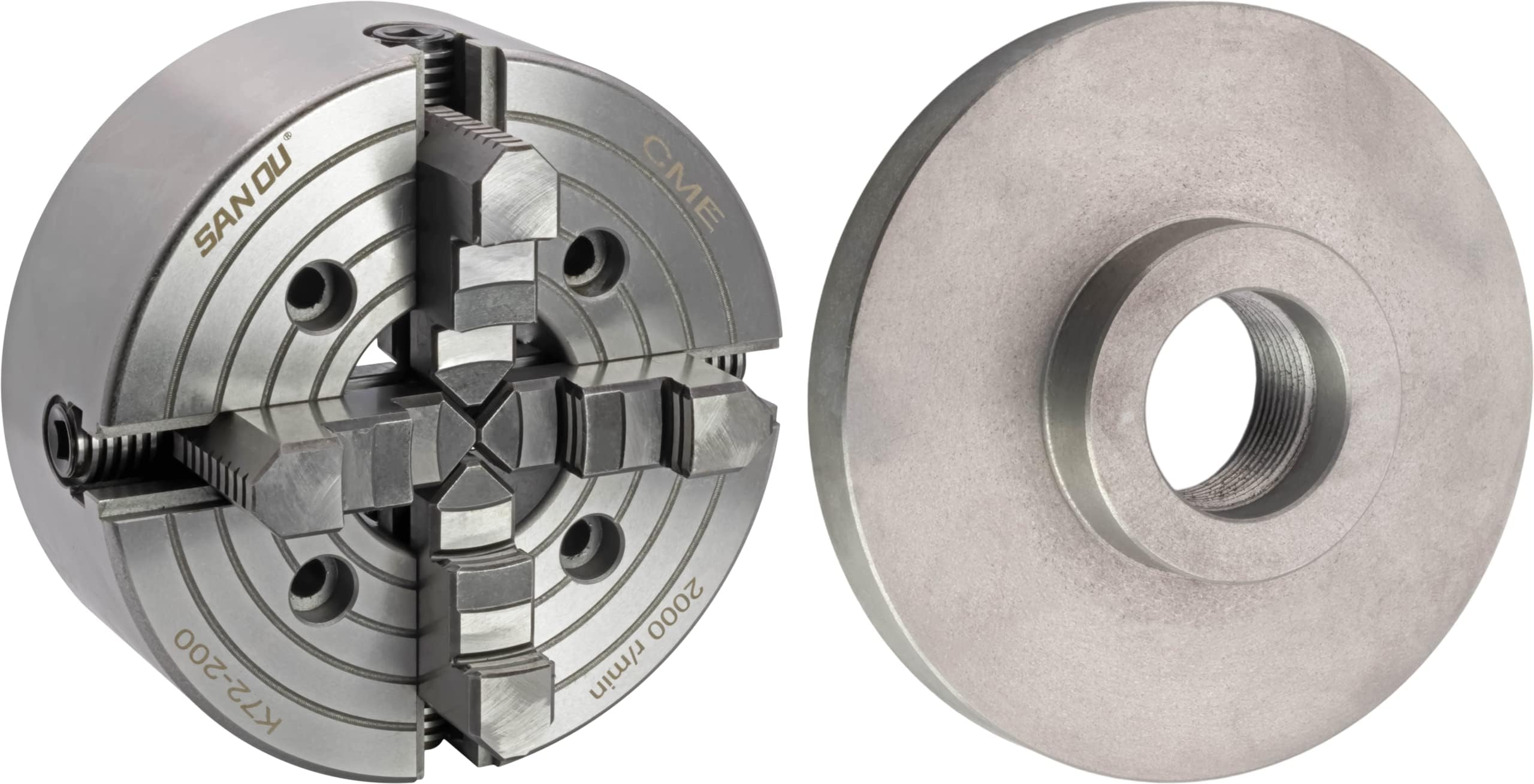 CME 8" 4-Jaw Independent Lathe Chuck with 2 1/4"-8 Threaded Semi-Finished Backing Plate, Machine to Fit Chuck, Reversible Jaws