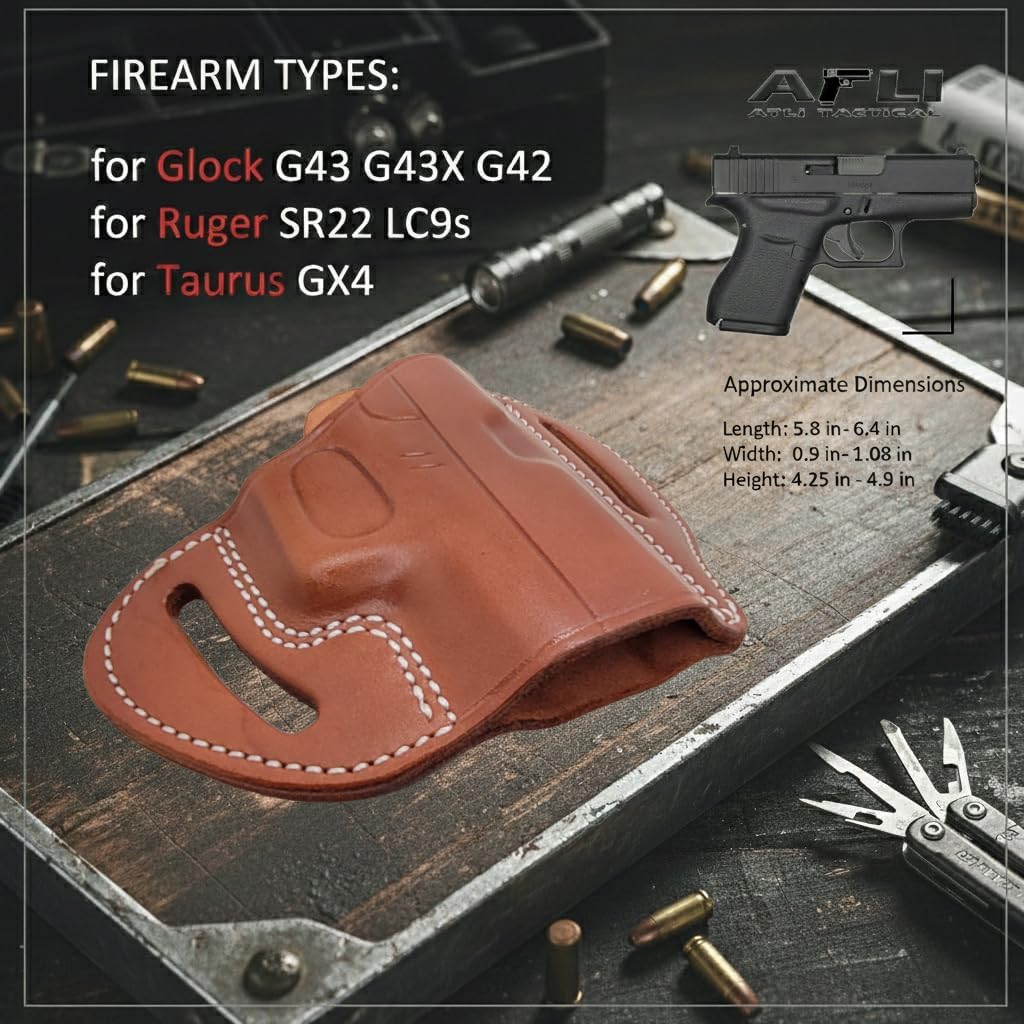 Leather OWB Holster for Glock 43 - OWB Holster for Glock 43x - for G42, G43, G43X, Mos/Rgr SR22, LC9s / Taurus GX4 - Leather Holsters for Glock 42 - Pancake Holsters G43x Mos - Calfskin Gun Holster