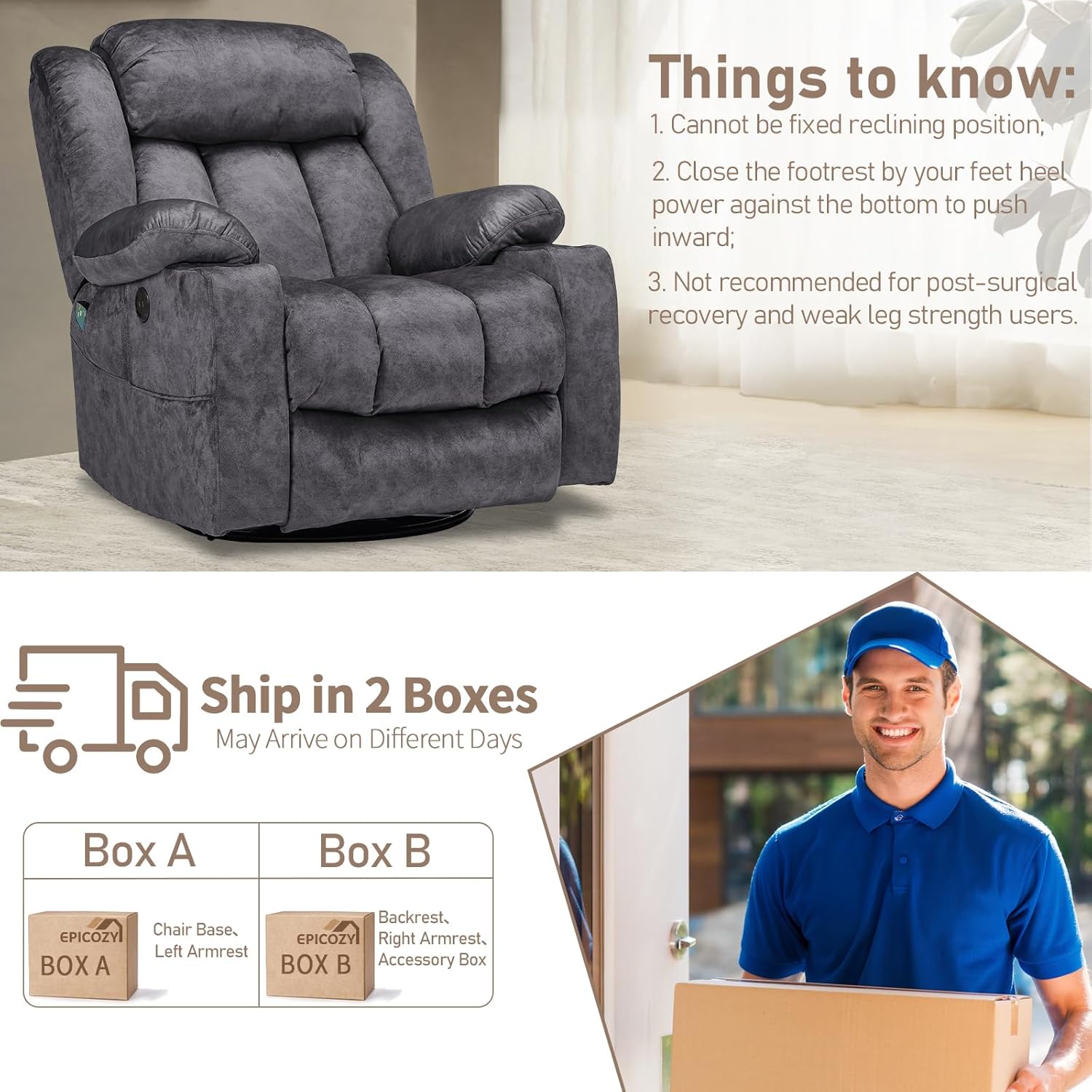 Swivel Rocker Recliner Chair with Heat and Massage, Manual Glider Rocking Reclining Chair, 360° Swivel Overstuffed Lounge Chair with 2 Cup Holders, Side Pockets & USB Ports, Fabric Grey