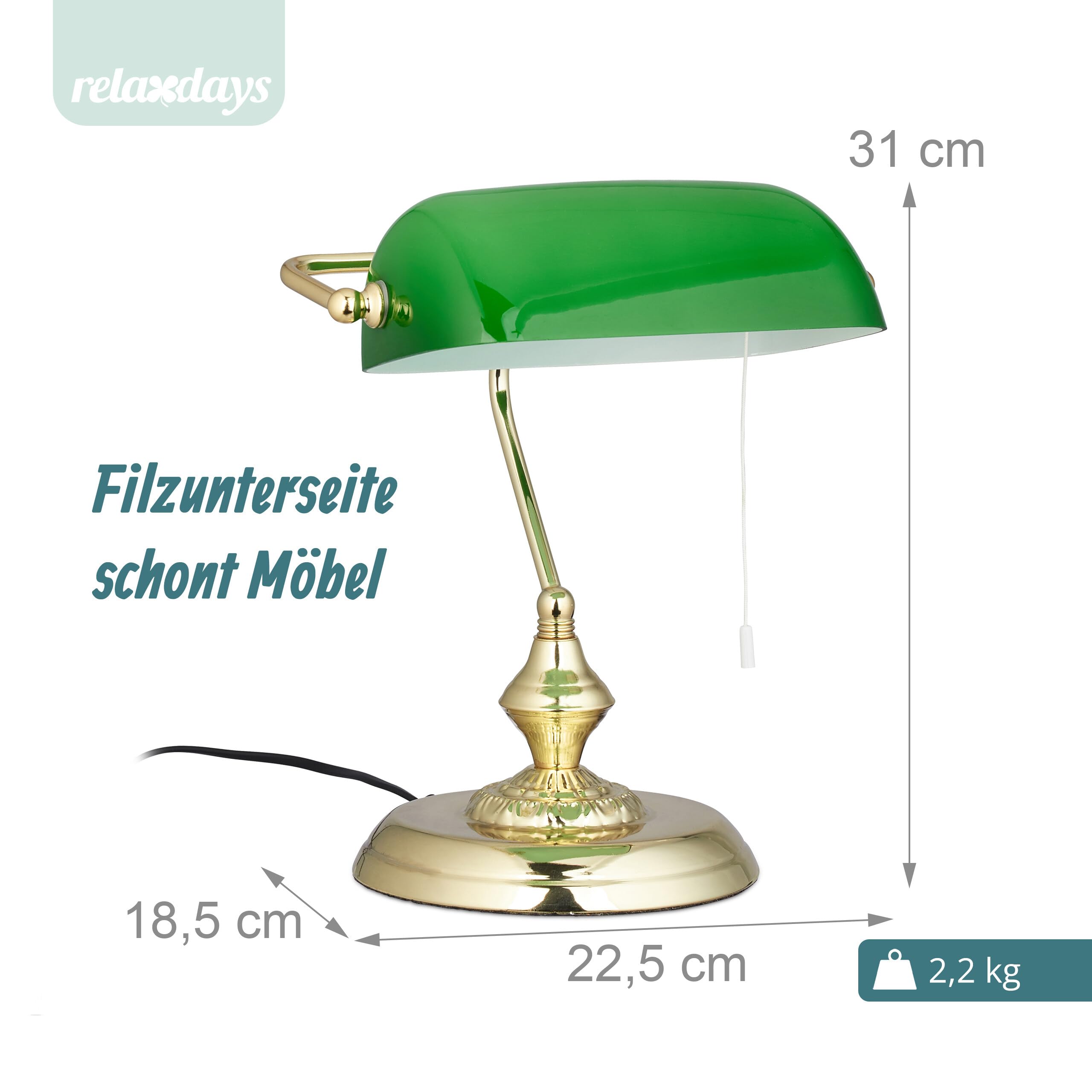 Relaxdays Bankerlampe mit Zugschalter, grüner Schirm, runder Sockel, Vintage Design, Glas, HBT: 31x22,5x18,5cm, Messing, Grün