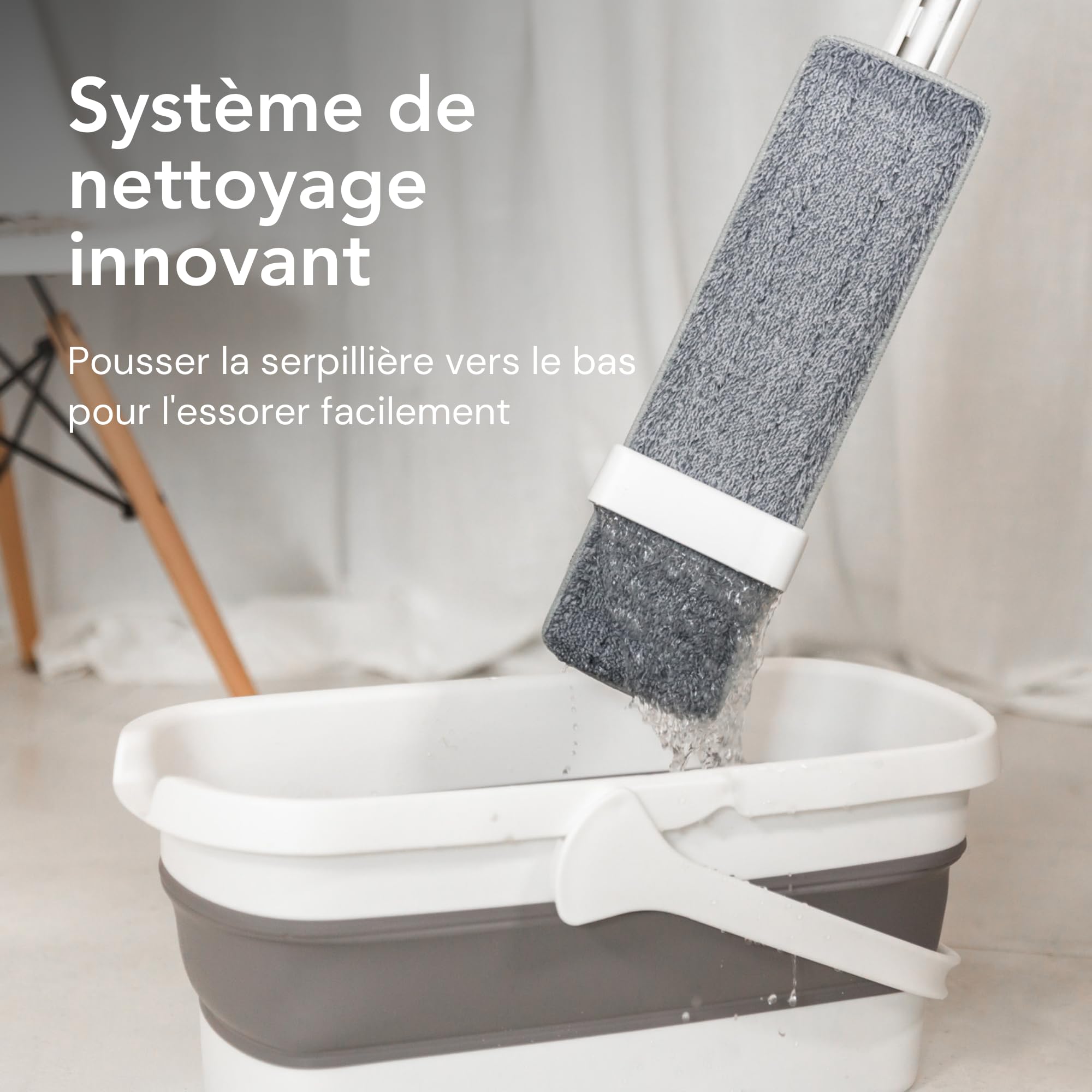 4-in-1 Set de serpillière avec Fonction Spray et Seau Repliable, Set de serpillière et Balai Microfibre avec système d'essorage
