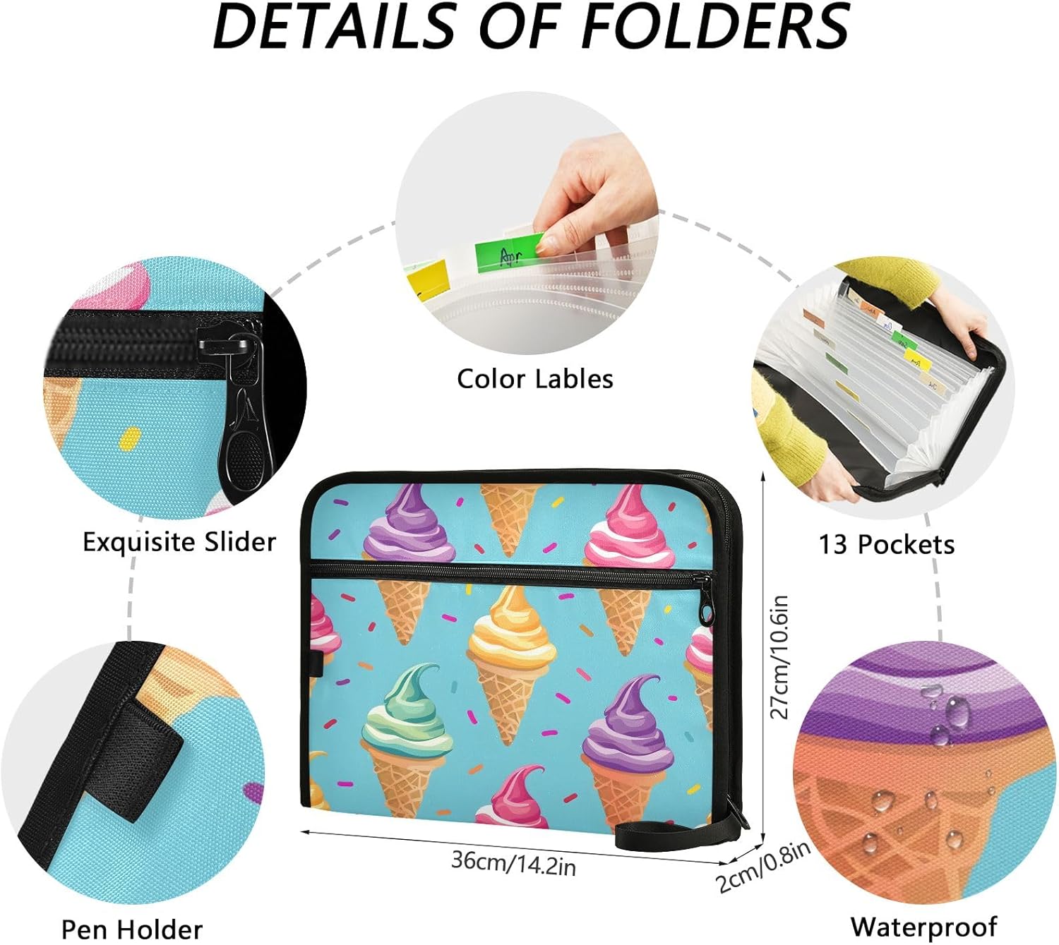 Ice Cream File Organizer 13 Pocket Expanding File Folder with Front Pouch Portable Business Fire Storage Document Organizer Folder with Zipper - Image 3
