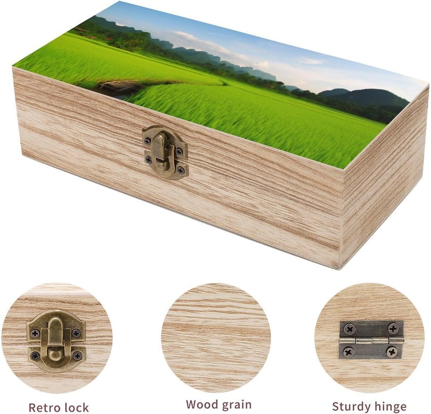 Green Rice Field Memory Jewelry Wooden Box, Large Wooden Treasure Chest Boxes with Hinged Lid, Photos Storage Case for Women Men, Wooden Keepsake Box, 7.9'' X 3.9'' X2.3''