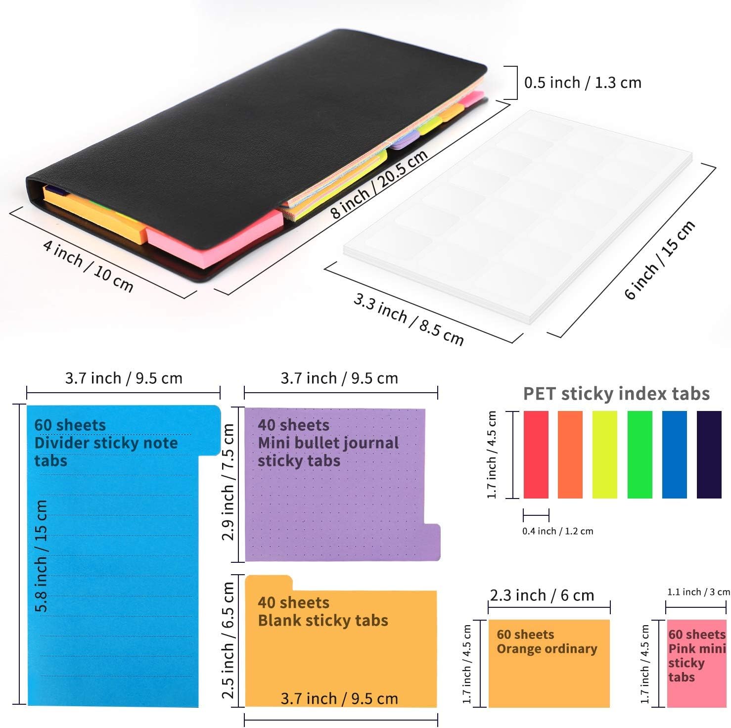 Colored Divider Sticky Notes Bundle Set by mount huang, Prioritize with Color Coding, 60 Ruled (4x6), 48 Dotted (3x4), 48 Blank (4x3), 48 Orange and Pink, 25 per PET Color - 402 pcs