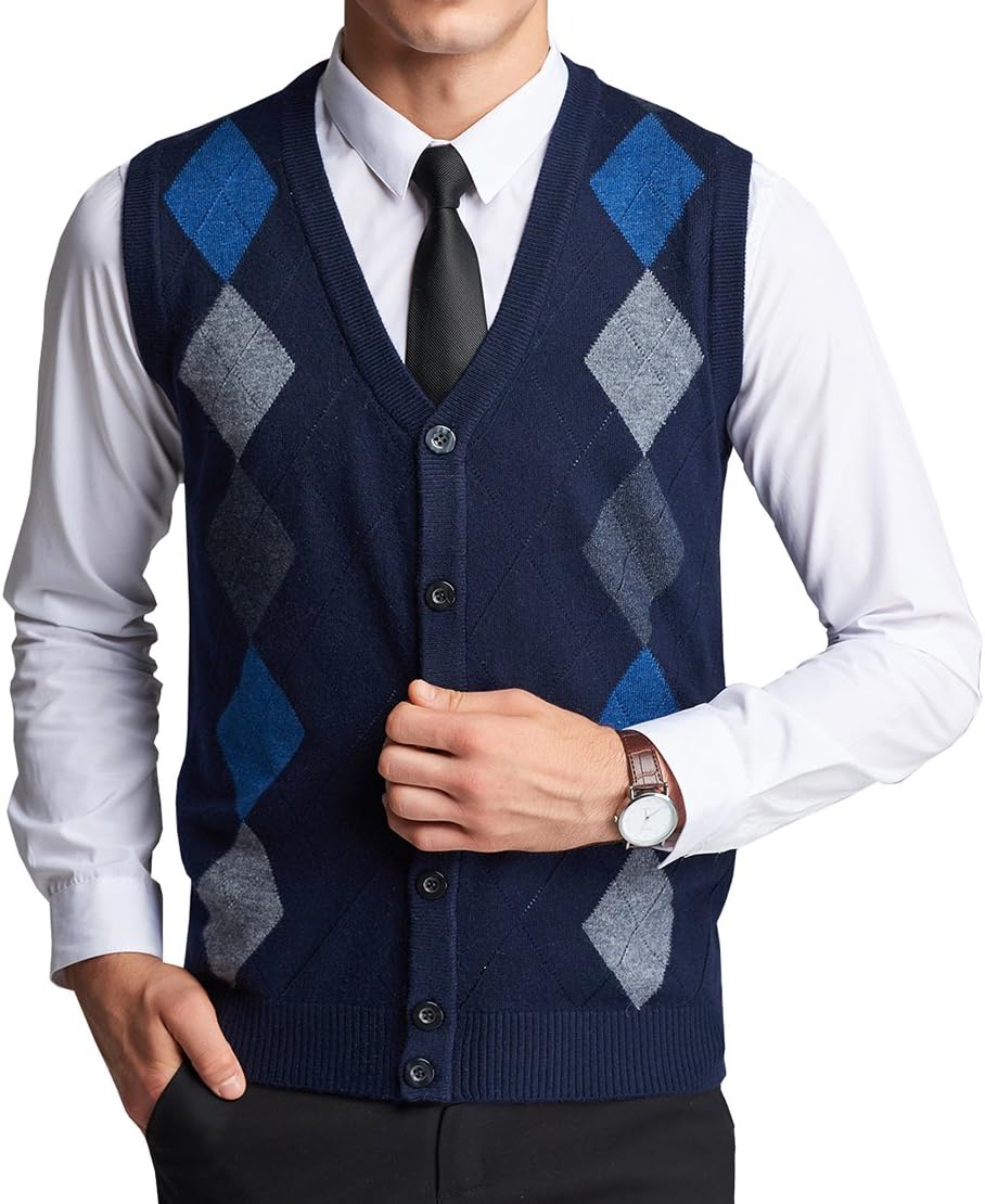 WEILAI Men's Fashion Argyle Design Solid Button-Front Cardigan Sweater Vest