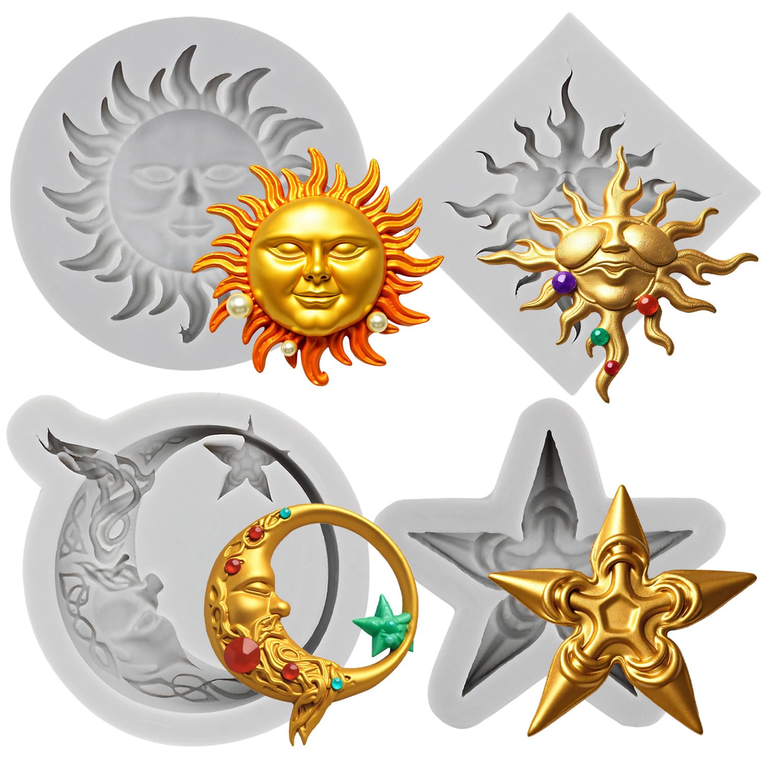 MYPRACS Greek Sun God Fondant Moulds Moon Star Cake Decorating Silicone Moulds for Cake Decorating Cupcake Topper Candy Chocolate Gum Paste Polymer Clay Set of 4