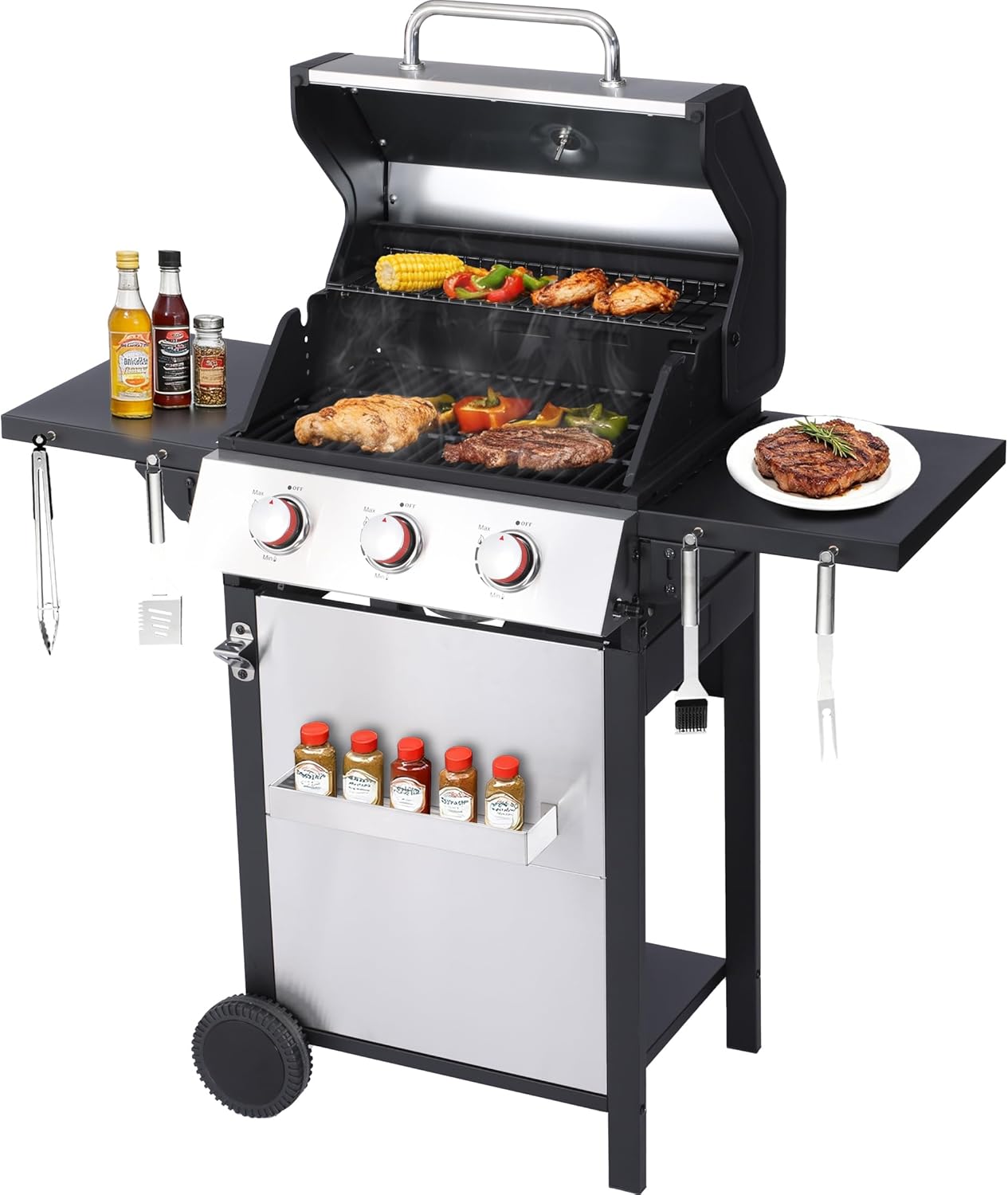 3-Burner Propane Gas Grill, 30,000 BTU Outdoor BBQ Grill with Double-Layer Stainless Lid & Cast Iron Grates, Easy-Clean System for Even Heat, Foldable Side Shelves