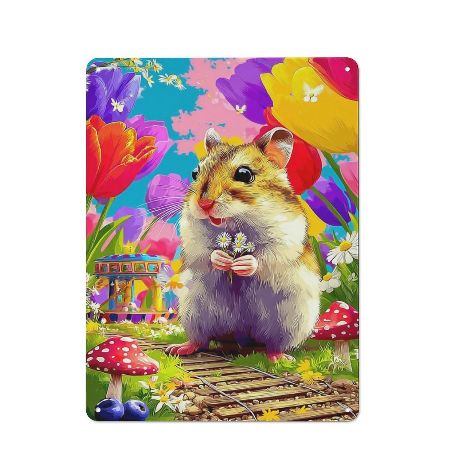 Vintage Hamster in A Flower Garden Bistro Metal Sign 40x30cm, Bistro Wall Plaque for Takeaway, Bar, Kitchen Or Counter Area