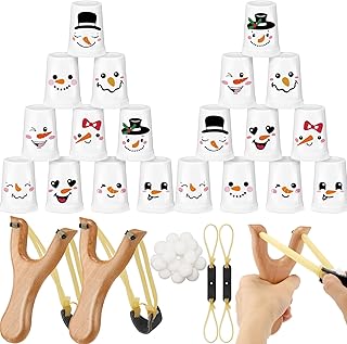 Leitee Christmas Party Games for Family Kids Adults Christmas Games with 24 Stacking Cup 2 Wooden Slingshot 2 Spare Slingshot Rubber Band 20 Felt Fake Snowball for Toss Carnival Parties Group Xmas Fun