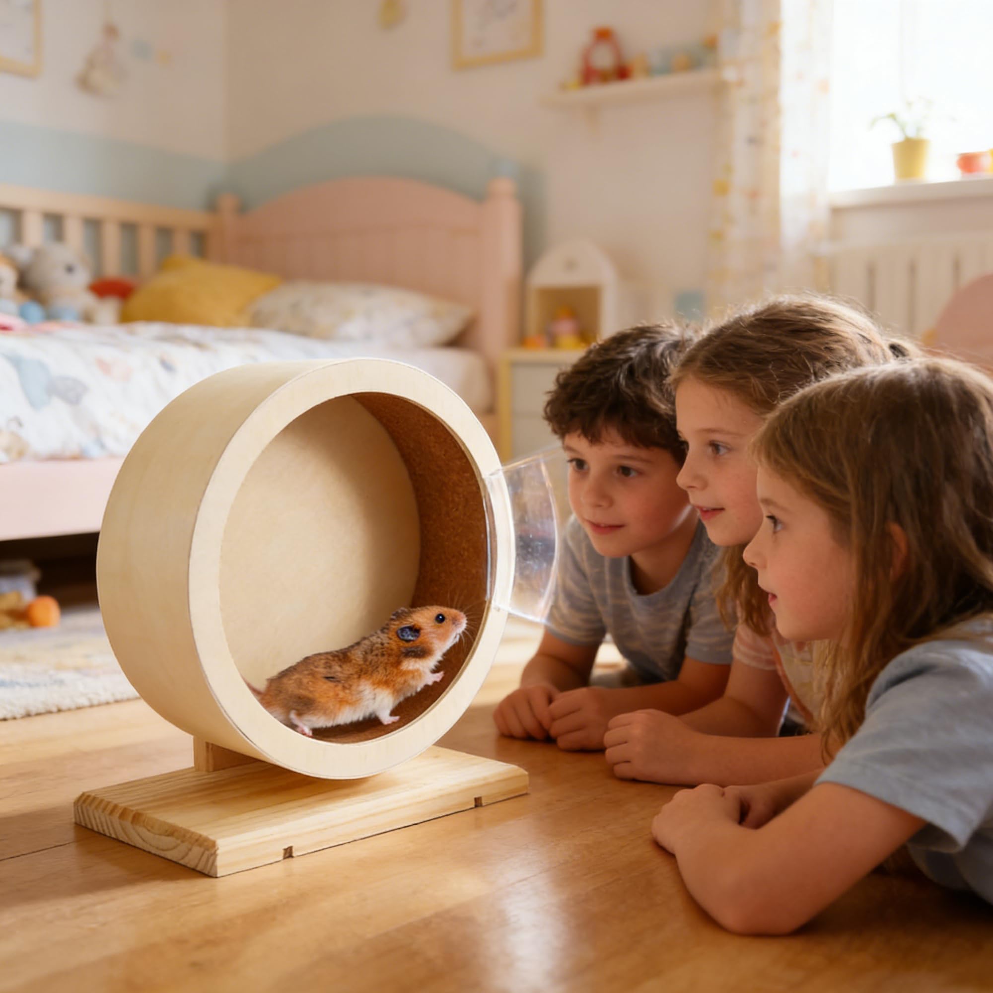 Rueda de hámster de 20 cm, rueda de ejercicio silenciosa de madera con base, rueda de ejercicio de doble rodamiento, rueda giratoria silenciosa para jerbos de hámster sirio enano y animales