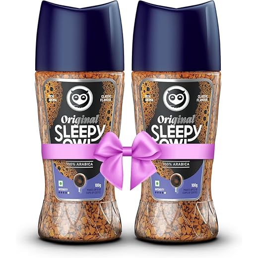 Sleepy Owl Instant Coffee Powder Jar Combo|100% Arabica Beans|Original Flavour|Freeze Dried| Pack Of 2|Makes 50 Cups Each|Rich & Smooth|Premium Cafe Style Hot Or Cold Coffee At Home,1.1 Kilograms