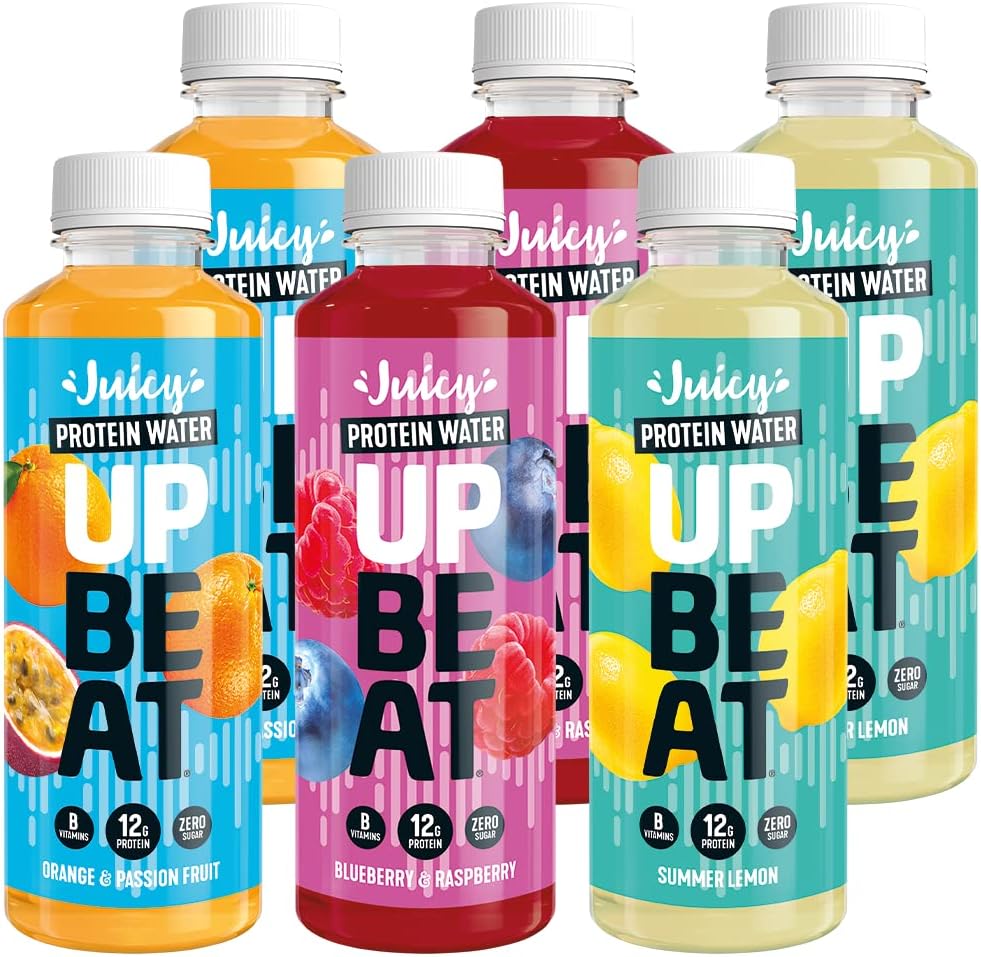 UPBEAT - Juicy Protein Water, 6 x 500ml Mixed case - Orange & passionfruit, Blueberry & Raspberry, Summer Lemon